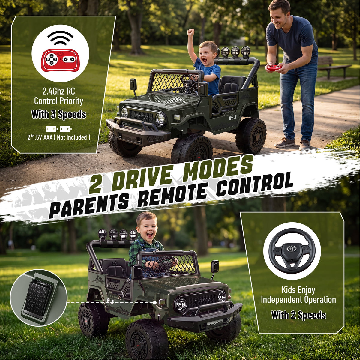 Officially Licensed Toyota FJ Ride On Toys 24V 800W, 4WD Kids Power Car Wheels for Boys Girls, 2 Seater Electric Car with Remote Control, 4 Motors, Music, LED Lights, Green