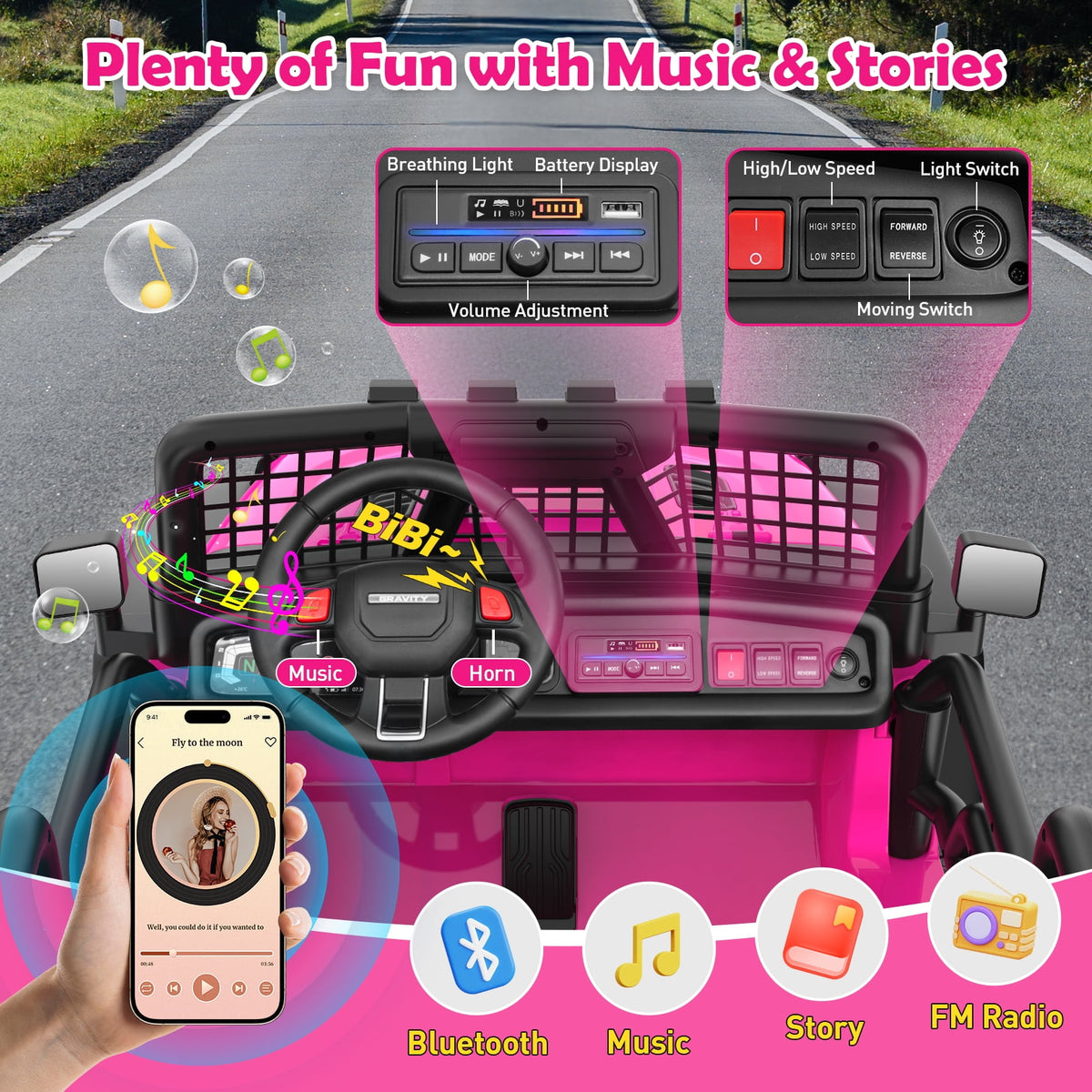 Funcid 24 Volt Ride on Toys with Remote Control, 400W 2-Seater Ride on Cars with Colored LED Lights & Battery Indicator, Electric Car for Kids w/ Bluetooth, Light Control, Volume Knob, Pink