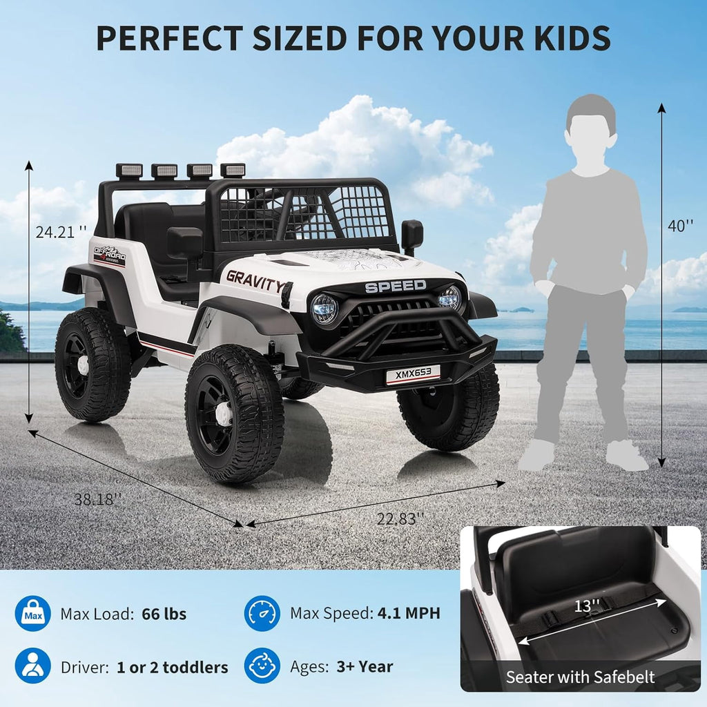 12V Ride-On Electric Car with Remote Control, Extra-Wide 13" Seat, 3 Speeds, 1.6-4.1 MPH, LED Lights, Music, USB, Safety Belt