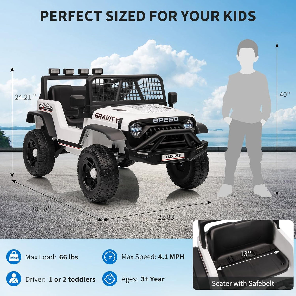 12V Ride-On Electric Car with Remote Control, Extra-Wide 13" Seat, 3 Speeds, 1.6-4.1 MPH, LED Lights, Music, USB, Safety Belt