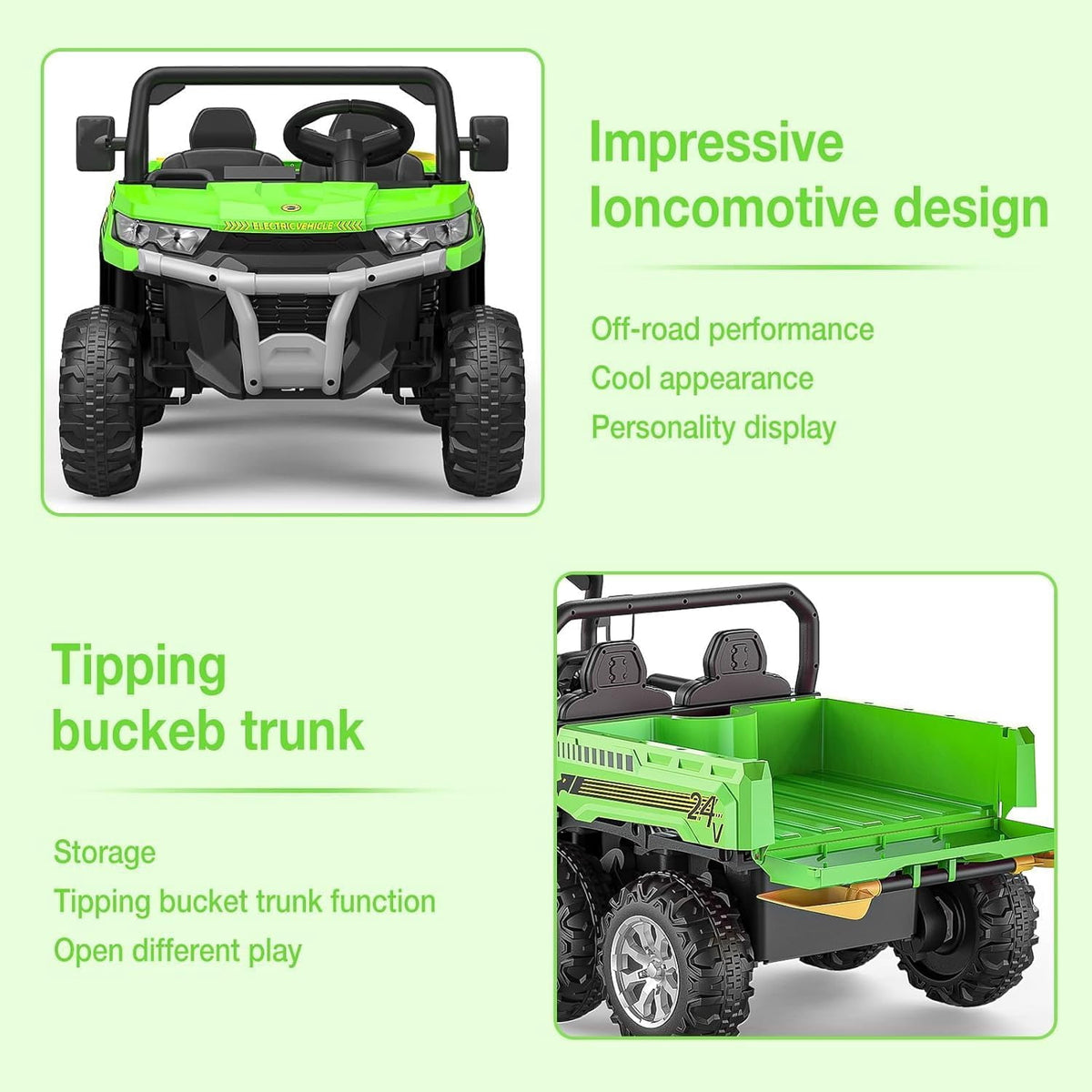 24V 4WD Electric Ride-On Dump Truck for , 2-Seater UTV with Remote Control, Bluetooth Music, Seatbelts, LED Lights, Mobile Phone Connectivity, Double Seat 6 Wheel Truck for Ages 3-8,Green