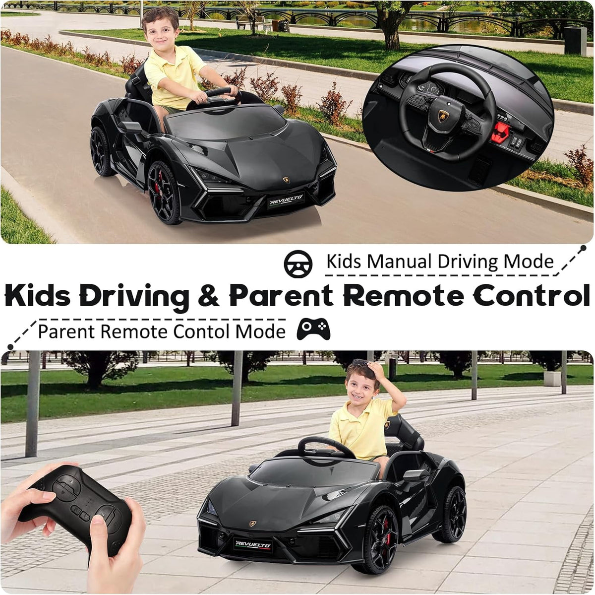 12V Licensed Lamborghini Revuelto Ride-On Electric Sports Car, Dual 25W Motors, Remote Control, Bluetooth, LED Headlights, Music, 1-2 MPH