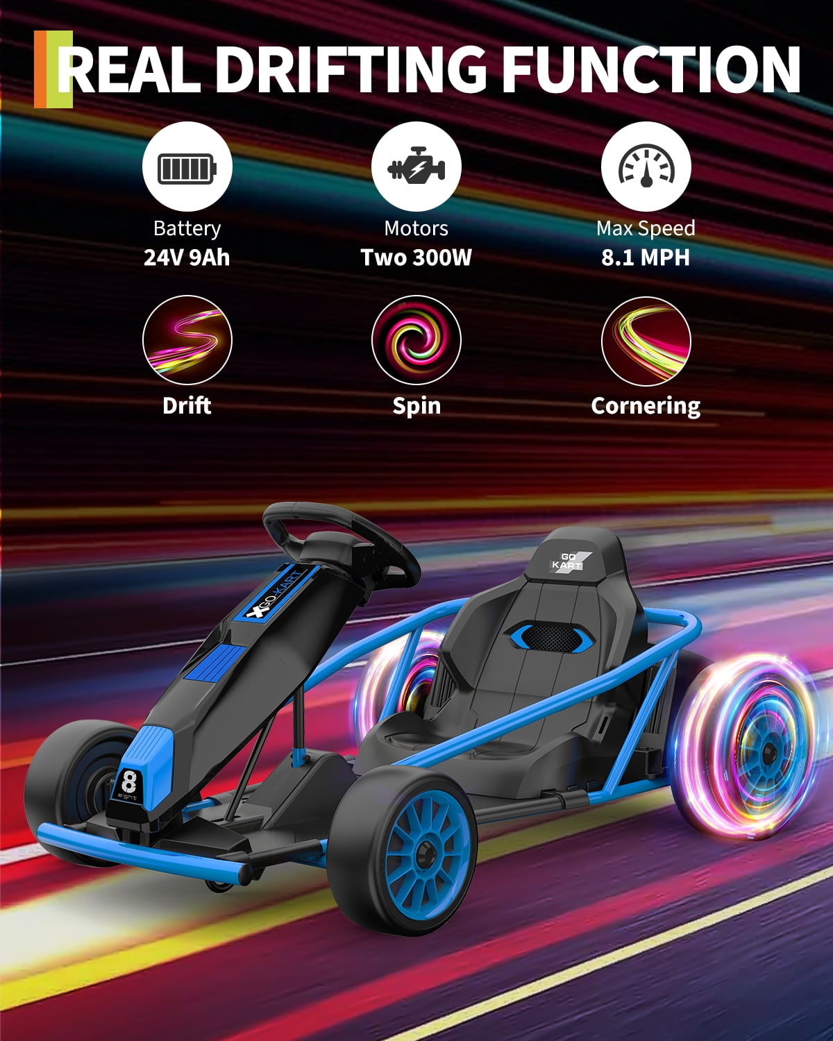 24V Electric Go Kart for Kids 8-12 - Dual 300W Motors, 9Ah Battery, 8MPH High-Speed Drifting, Slow Start, Full Metal Frame, Music, Horn, Power Display, Max Load 155Lbs, Ride-On Toy - Brown