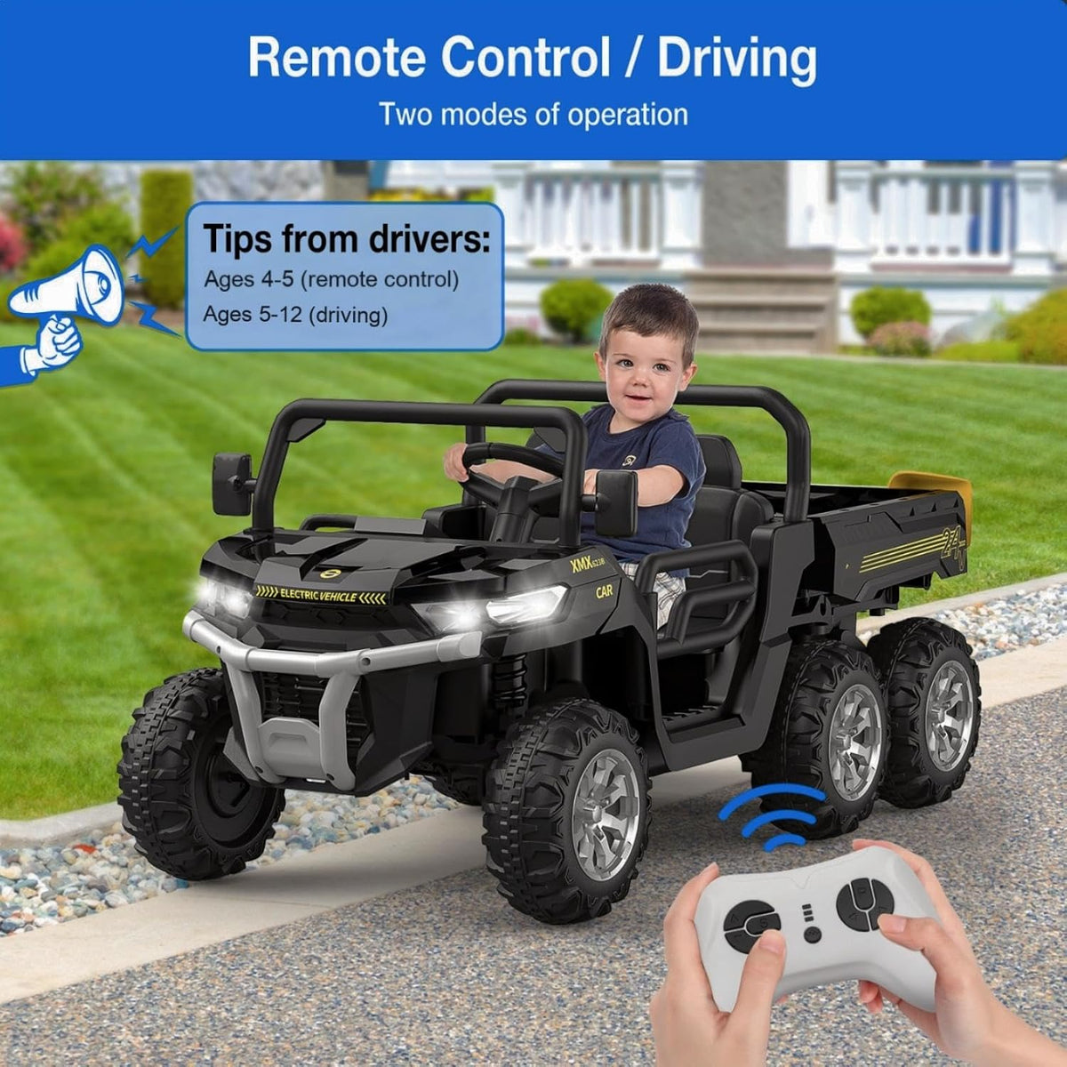 24V 4WD Electric Ride-On Dump Truck for , 2-Seater UTV with Remote Control, Bluetooth Music, Seatbelts, LED Lights, Mobile Phone Connectivity, Double Seat 6 Wheel Truck for Ages 3-8,Green