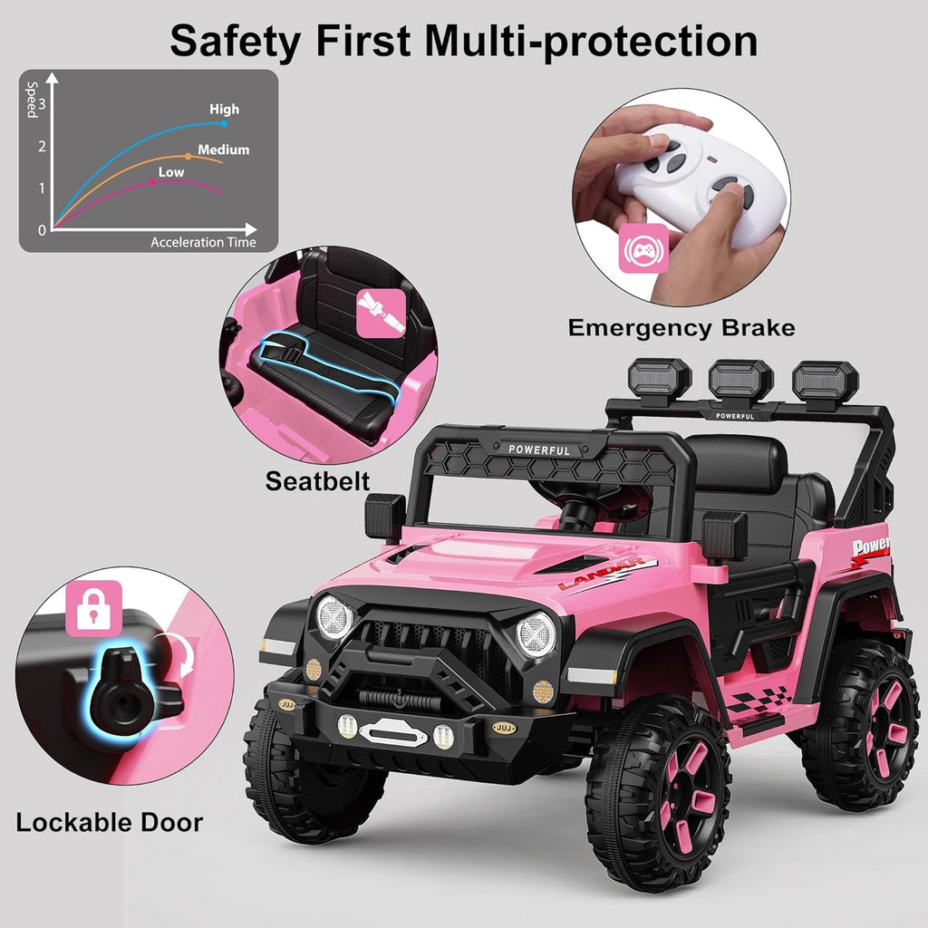 12V Ride-On Truck Car, 7Ah Battery, Parent Remote Control, 3 Speeds Up to 3.7 MPH, Soft Start, LED Lights, Bluetooth, USB, AUX, MP3, 66 Lbs