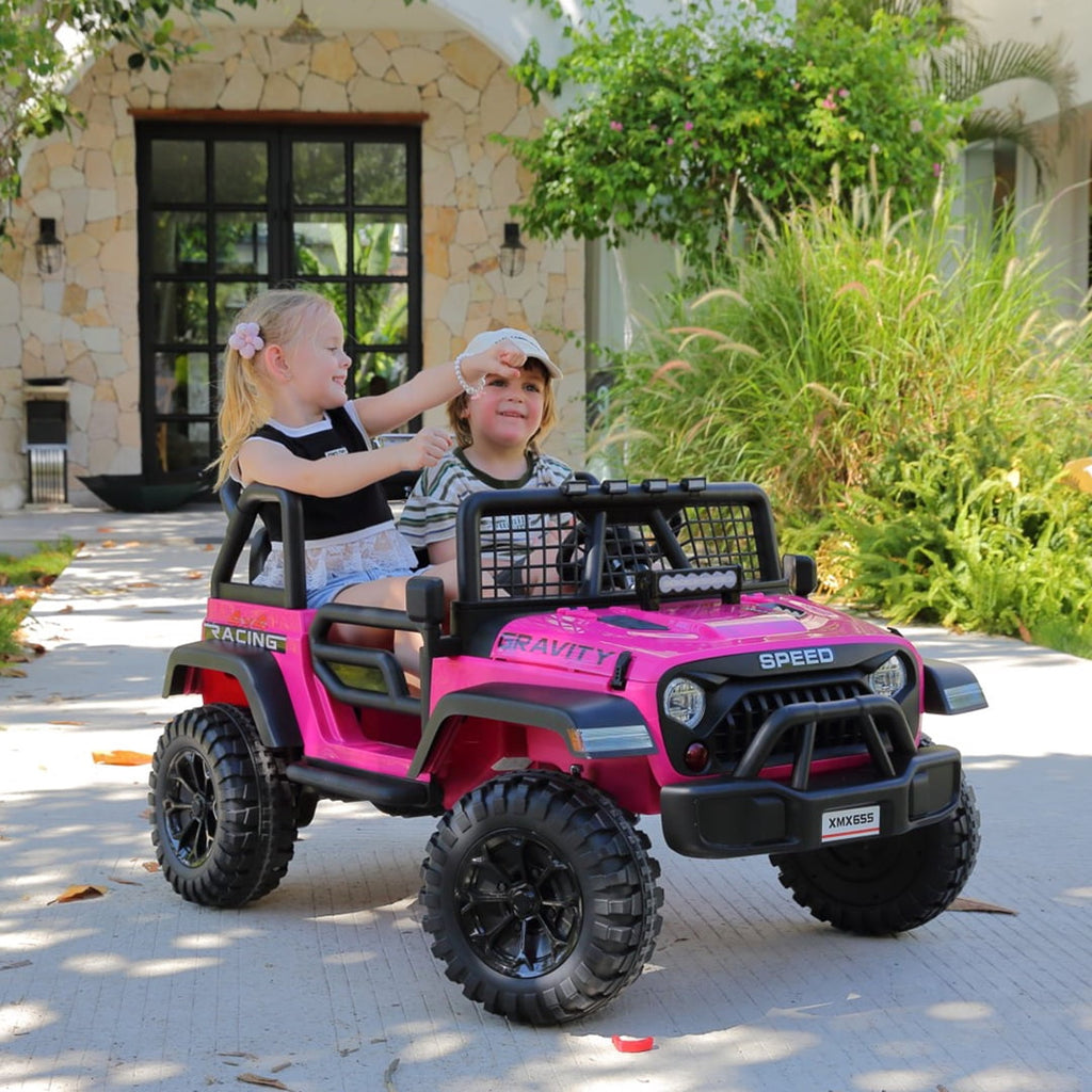 Funcid 24 Volt Ride on Toys with Remote Control, 400W 2-Seater Ride on Cars with Colored LED Lights & Battery Indicator, Electric Car for Kids w/ Bluetooth, Light Control, Volume Knob, Pink