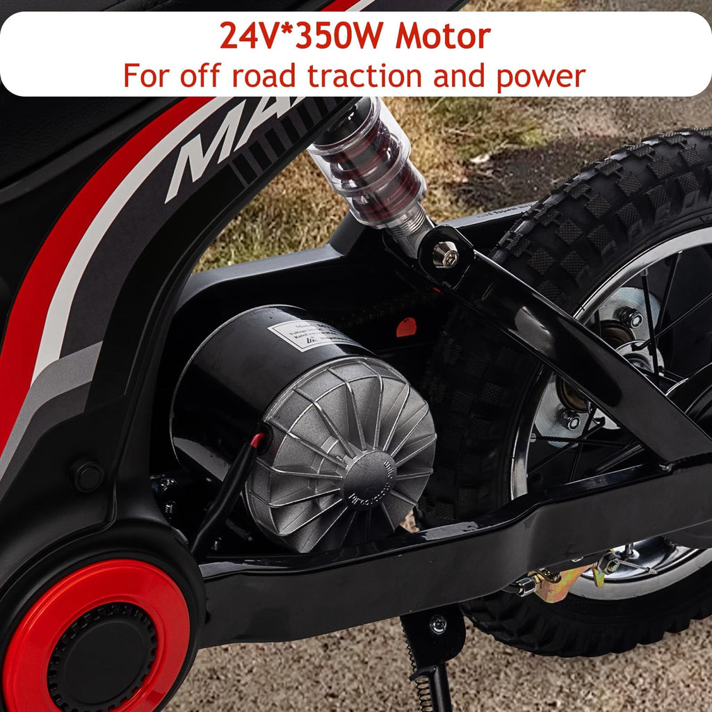 TROPOW 24 Volt Ride On Toys for Boys,Electric Dirt Bike for Kids - 350W Ride On Motorcycle, Ages 5+, Up to 14.29 MPH, 2-Speed Modes, Max Weight 135 Lbs, Red