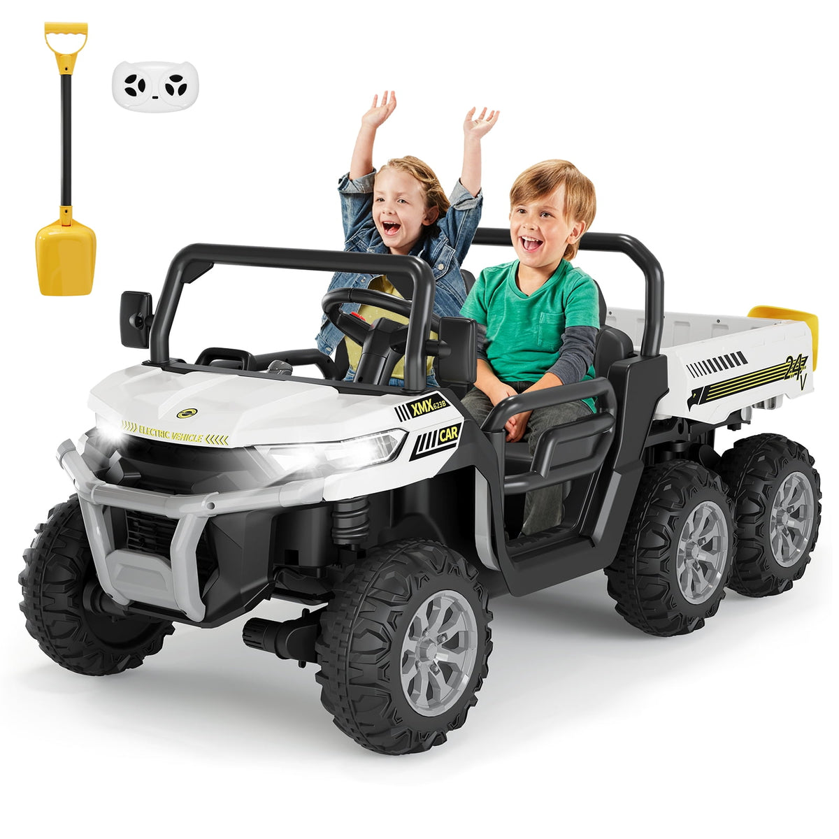 24V 2-Seater 6-Wheel Electric Dump Truck Ride-On for Kids – 4WD UTV Car, Remote Control, Electric Dump Bed, Music, Horn, Industry Standard/CPSIA Certified, Power Ride-On Toy for Boys & Girls