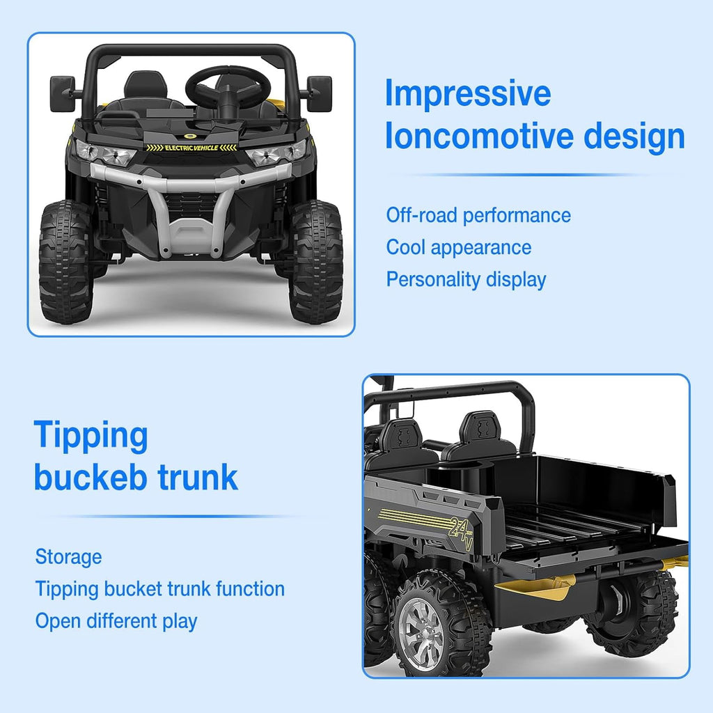 24V 4WD Electric Ride-On Dump Truck for , 2-Seater UTV with Remote Control, Bluetooth Music, Seatbelts, LED Lights, Mobile Phone Connectivity, Double Seat 6 Wheel Truck for Ages 3-8,Green
