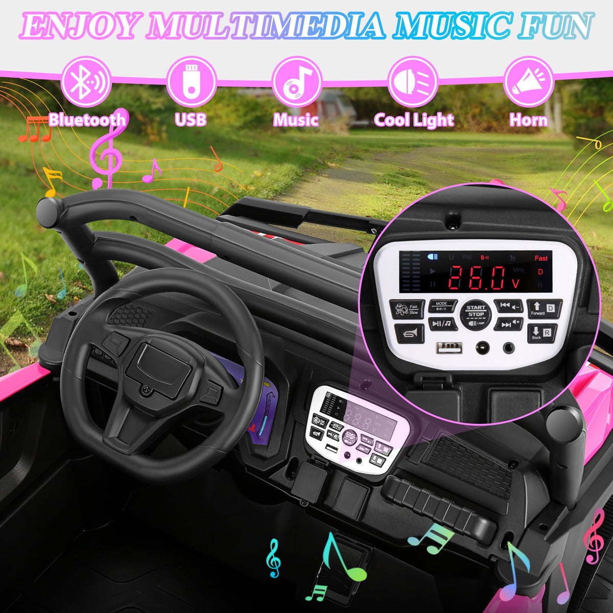 Funcid 24 Volt Ride on Cars, 2-Seater Ride on Toys with Remote Control, 400W Electric Car, Ride on UTV w/ Bluetooth, MP3, Suspension, Seat Belts, Volume Adjustment, Black