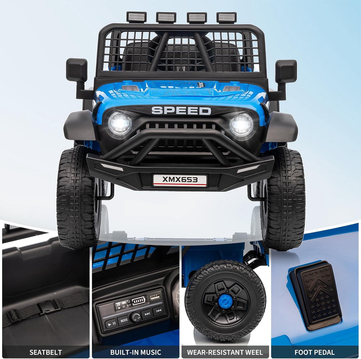 12V Ride-On Electric Car with Remote Control, Extra-Wide 13" Seat, 3 Speeds, 1.6-4.1 MPH, LED Lights, Music, USB, Safety Belt