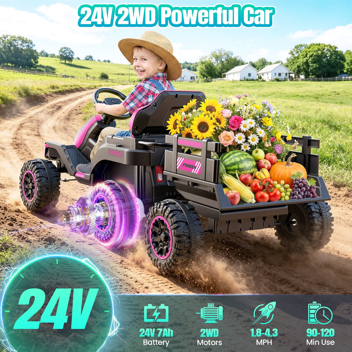 VIBESPARK 24V Ride on Toys with Remote Control, 3 in 1 Ride on Car, Ride on ATV for Kids with Trailer, 6 Wheel Kids Electric Car w/ Bluetooth, MP3, Music, Black