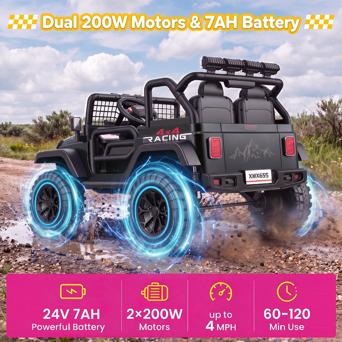 Farmdex 24 Volt 2 Seater Electric Truck Car for Kids, 400W Ride on Cars with Remote Control, Color Led Lights, Bluetooth Music, Spring Suspension,Powered Ride On Toys Gift for Boys & Girls