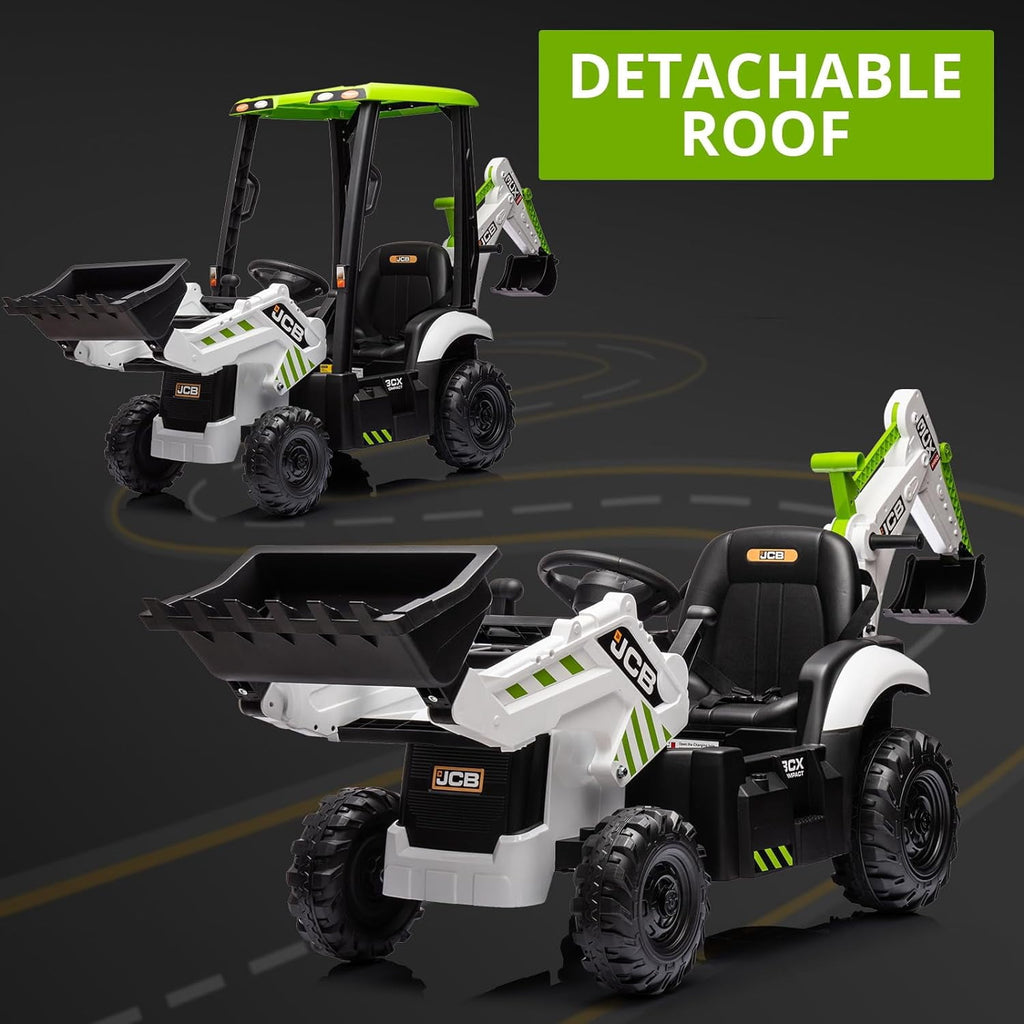 4 in 1 Ride on Excavator & Bulldozer, 12V Kids Electric Vehicle with Remote Control, Front Loader, Digger, Horn, Adjustable Seat, Excavator Ride on Car Toy, White