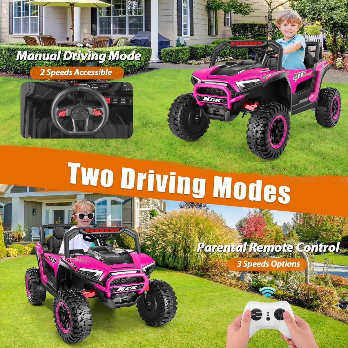 VIBESPARK 24 Volt Ride on Toys, 400W Electric Car for Kids, 2-Seater Ride on Cars w/ Battery Display, Spring Suspension, Bluetooth, LED Lights, Storage Box, Light Switch, Pink