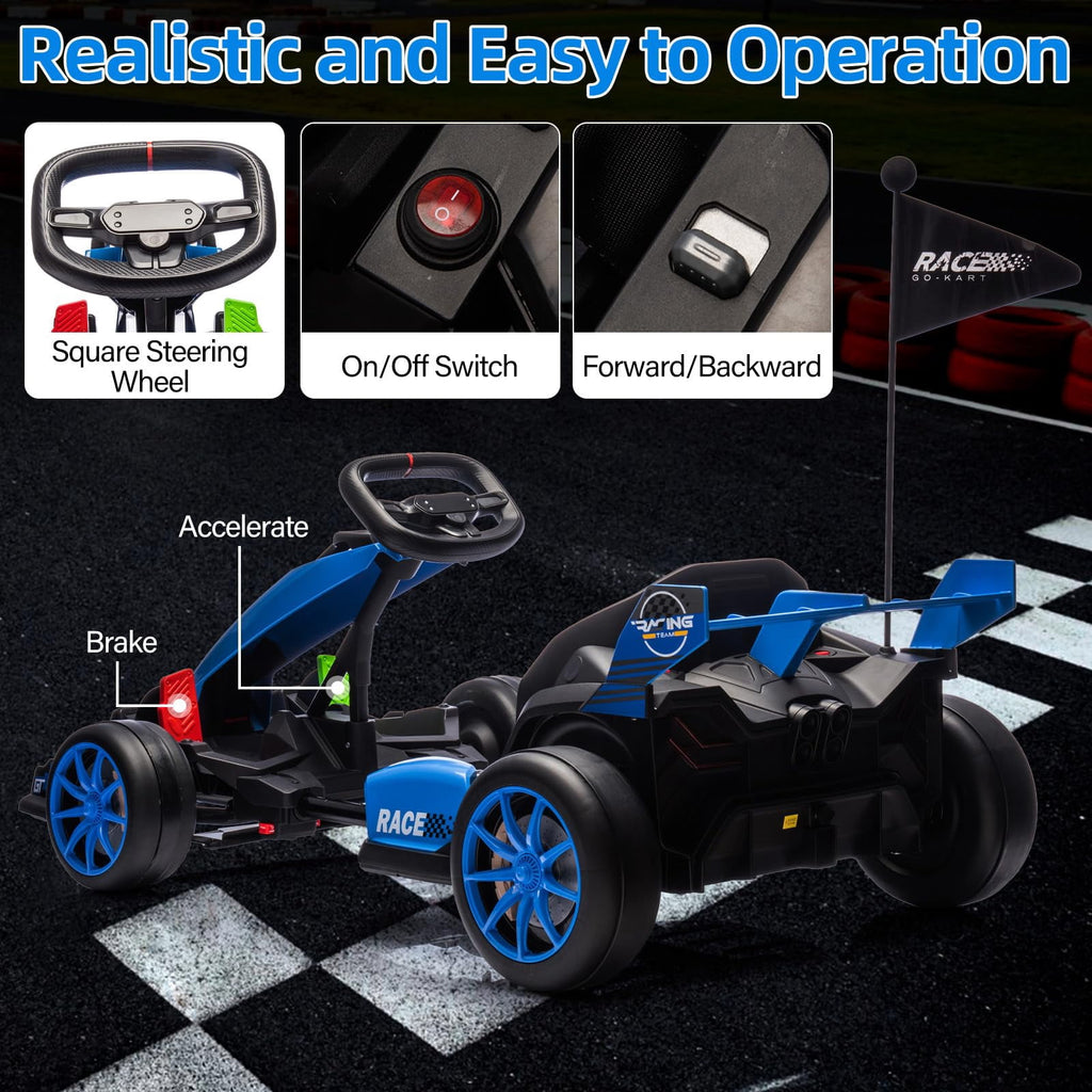 24V Kids Ride-On Go Kart, 7.5MPH High-Speed Drifting Car, Dual 200W Motors, 7Ah Battery, Adjustable Length, Max Load 135lbs, Power Display Racing Toy for Children 6+, Green