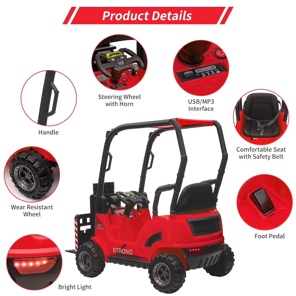 12V Kids Ride On Forklift Car with Tent and Remote Control – Liftable Fork & Pallet – Music, USB, MP3, Low Power Alarm, High/Low Speed – Construction Electric Vehicle Toy – Red