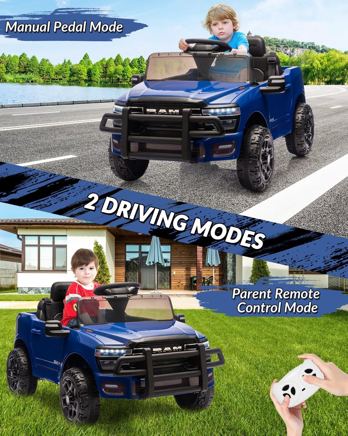 12V Licensed RAM Ride-On Pickup Truck, Electric Ride-On Car with Remote Control, 4-Wheel Suspension, Double Doors, LED Lights, Music, USB & AUX
