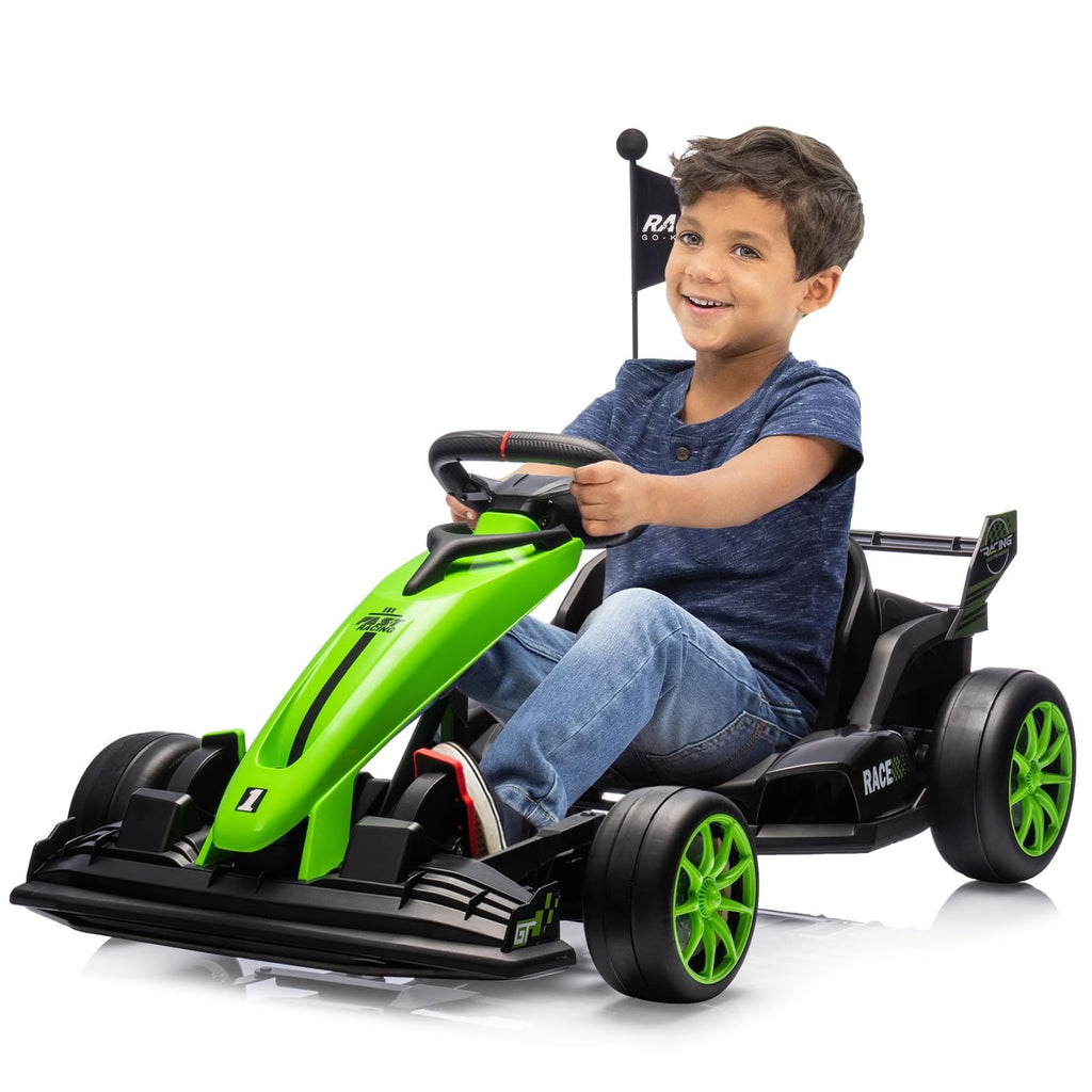24V Kids Ride-On Go Kart, 7.5MPH High-Speed Drifting Car, Dual 200W Motors, 7Ah Battery, Adjustable Length, Max Load 135lbs, Power Display Racing Toy for Children 6+, Green