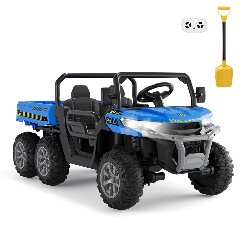 24V 2-Seater 6-Wheel Electric Dump Truck Ride-On for Kids – 4WD UTV Car, Remote Control, Electric Dump Bed, Music, Horn, Industry Standard/CPSIA Certified, Power Ride-On Toy for Boys & Girls