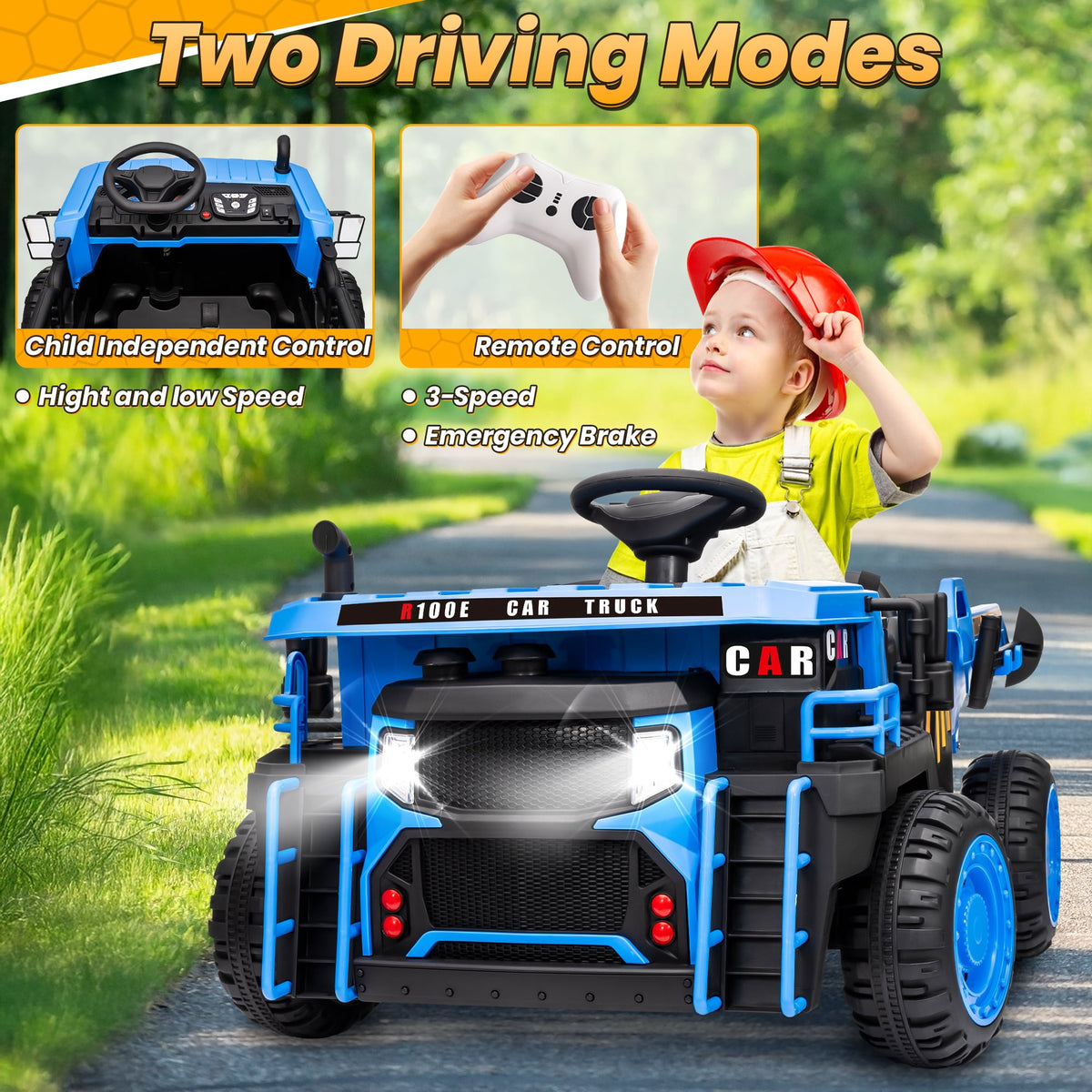 24 Volt Ride on Toys w/ Remote Control, 2*200W Strong Motor, Electric Powered Ride on Dump Truck with Shovel, 3 Speeds, LED Lights, MP3/USB Music, Blue