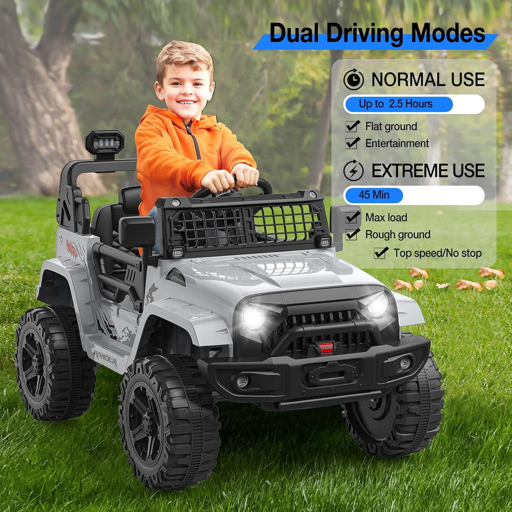 12V Electric Ride On Car with Remote Control, Off Road Ride On Vehicle with Bluetooth, LED Lights, Spring Suspension, Adjustable Seat Belt, All Terrain Tires, 61 lbs Capacity