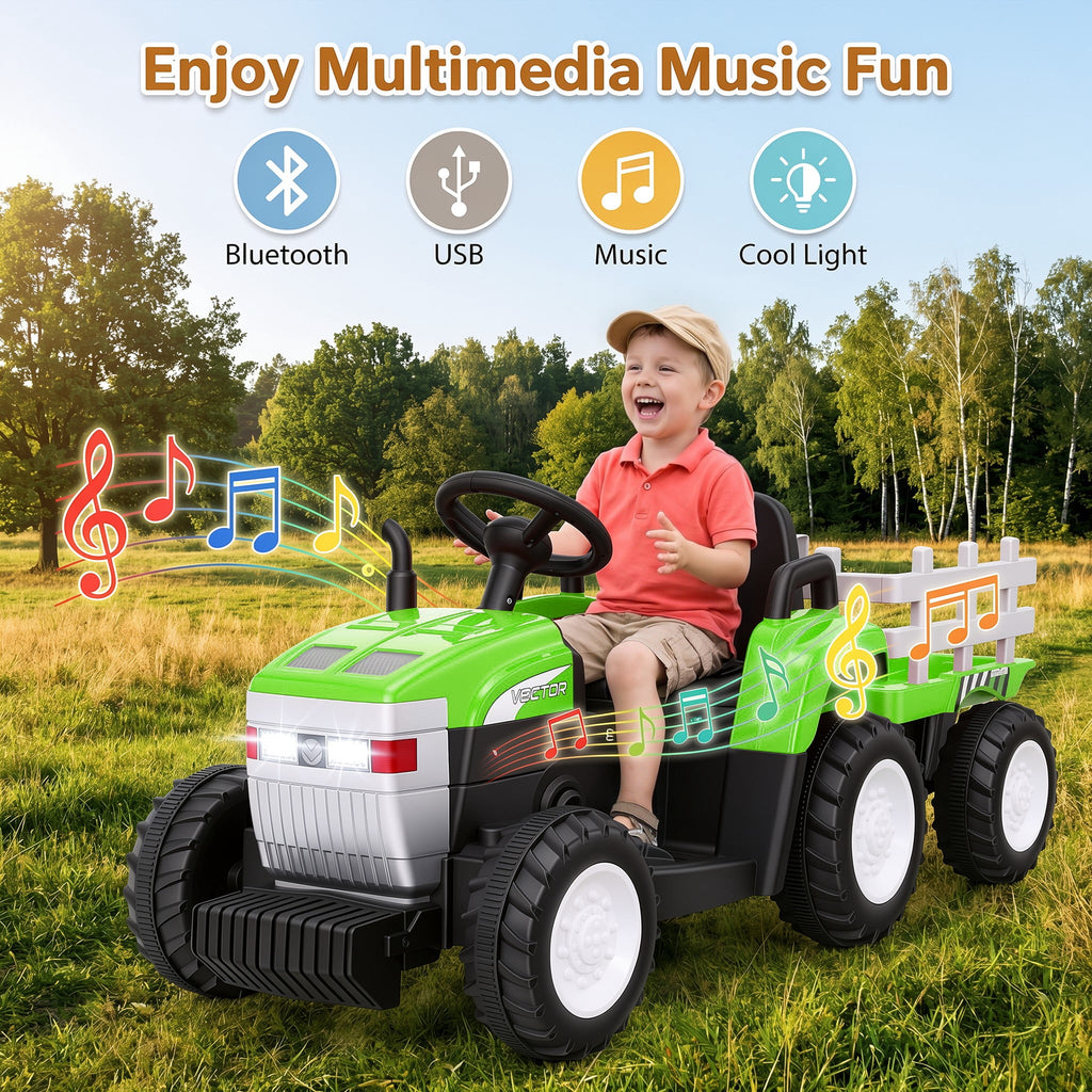 Farmdex 24V Ride on Tractor with Detachable Trailer, Ride on Toys for Kids w/ Remote Control, Electric Cars for Kids, LED Lights, Bluetooth, Music, MP3, Green