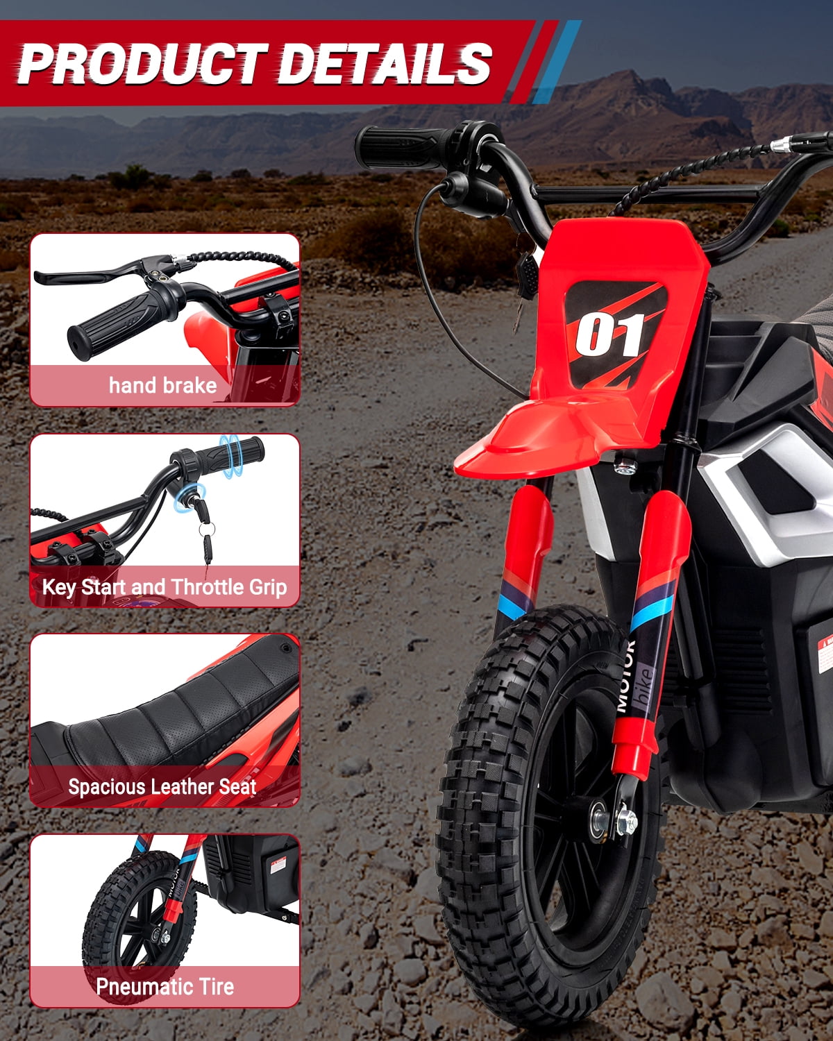 24V 350W Electric Dirt Bike for Kids - 13.7 MPH Max Speed, 12 Mile Range, Rear Suspension, Twist Grip Throttle, Key Start, Hand Brake - Built-in Music & wireless, Ride-On Motorcycle Toy, Red