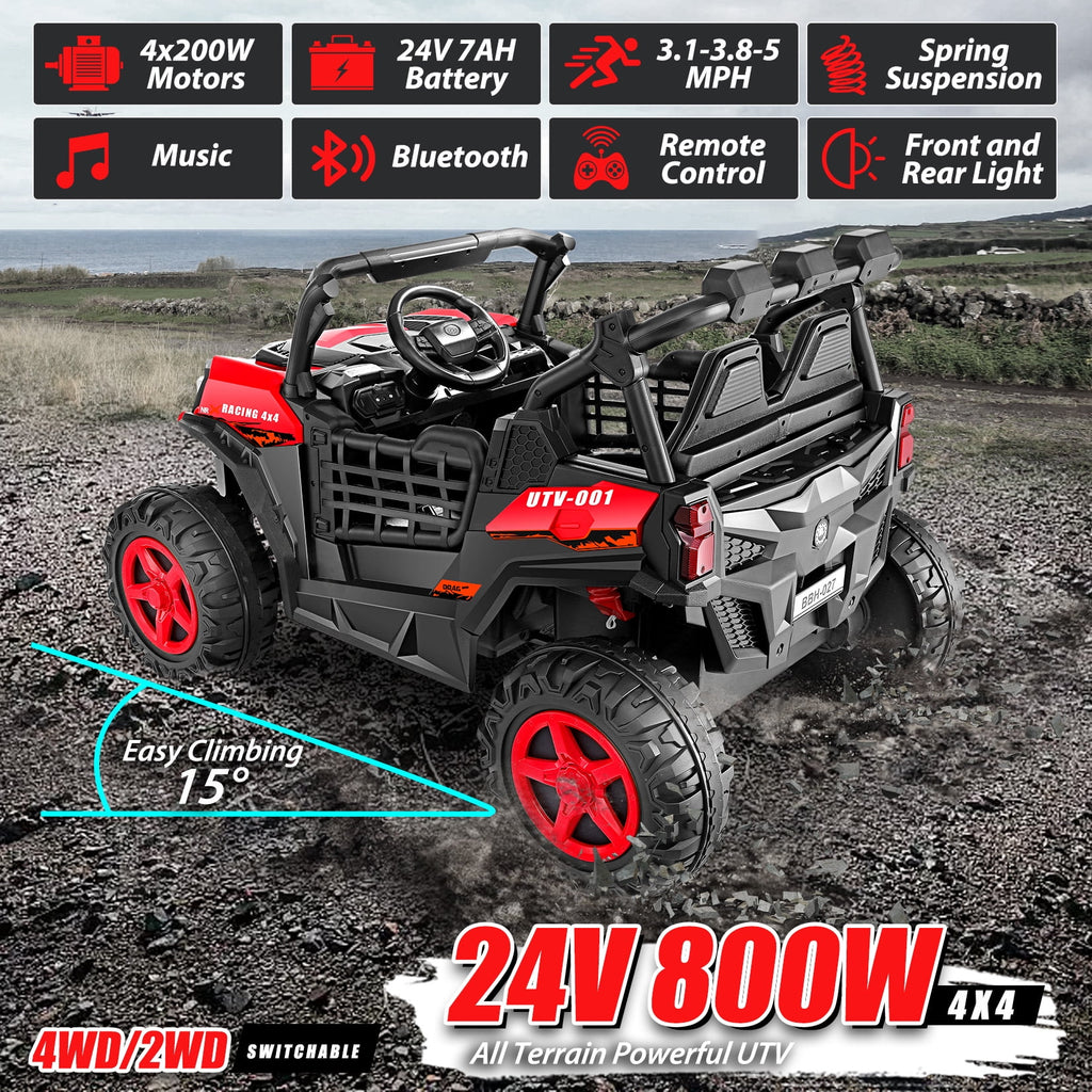 Funcid 24V Ride on Toys 4WD Ride on Cars with Remote Control, 2 XL Seater Electric Car for Kids, Power Car Wheels, UTV w/ 4*200W Motor, Bluetooth, Music, Lights, 3 Speeds, Black