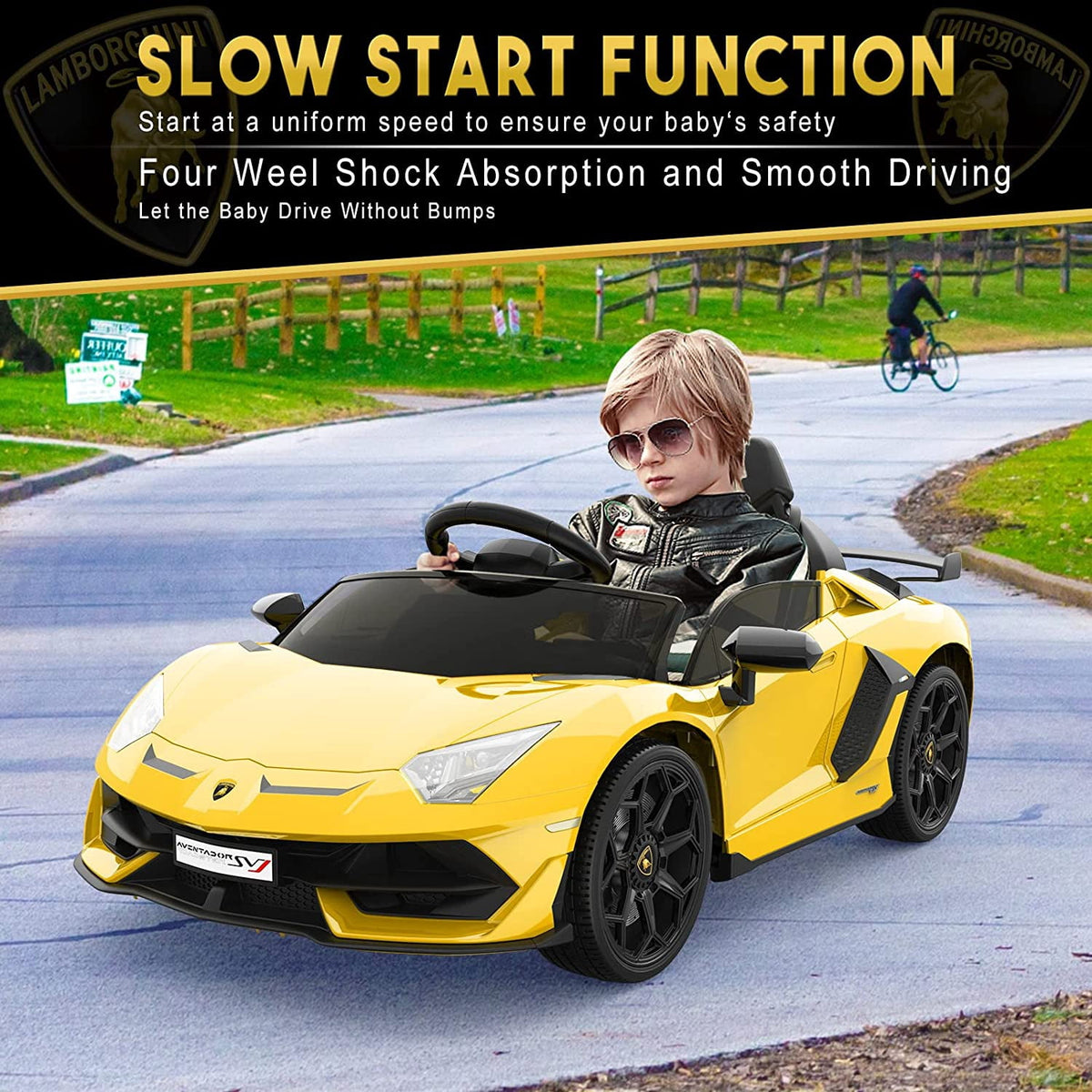 12V Licensed Sports Car Ride On Vehicle with Remote Control, Electric Ride On Car with Bluetooth, Hydraulic Swing Doors, LED Lights, Dual 25W Motors, USB/AUX/TF Audio