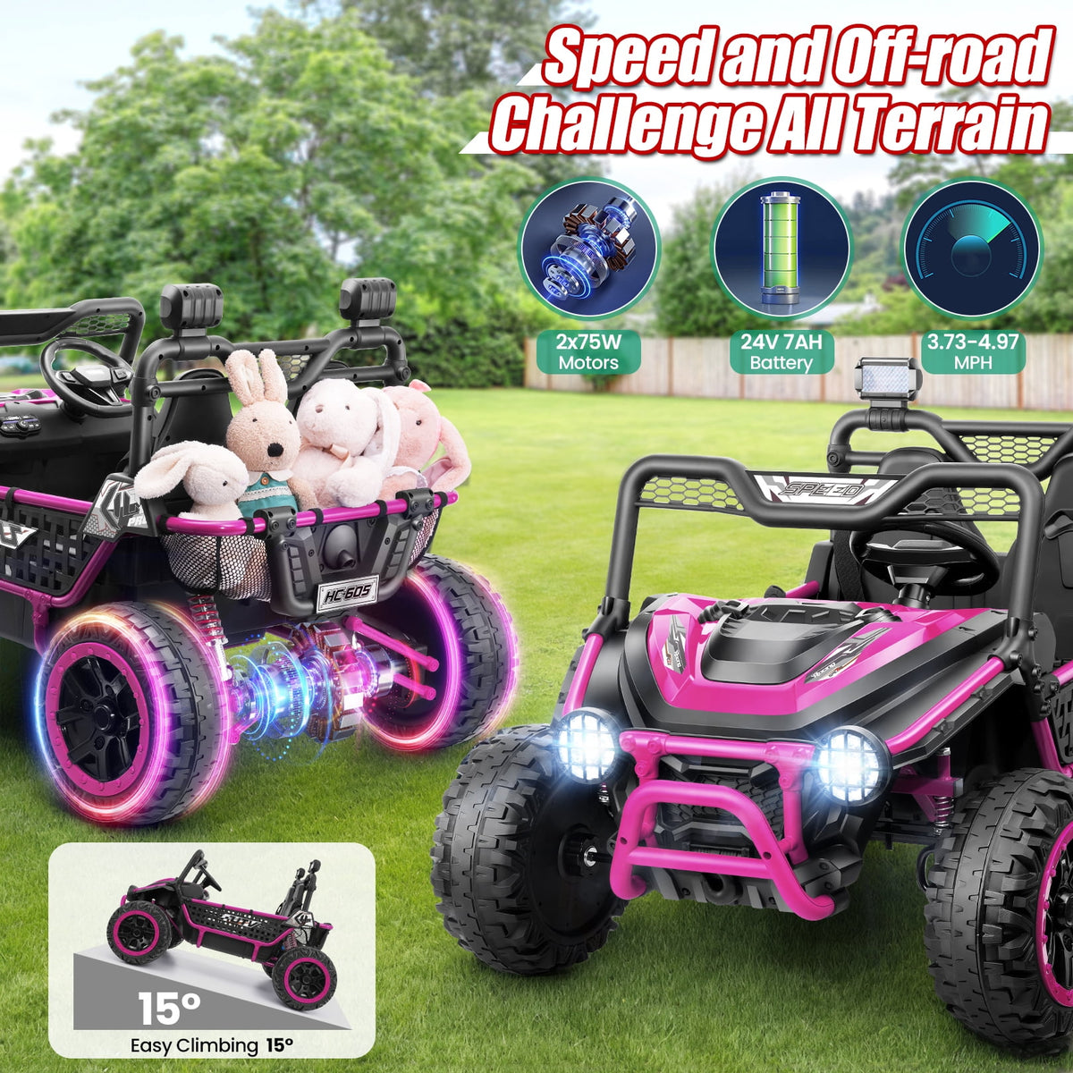 Funcid Metal Frame 24 Volt Ride on Toys, 2-Seater Ride on Cars with Remote Control, Electric Car for Kids, Power UTV Wheels with Key Start, Storage Bag, Bluetooth, Music, Spring Suspension, Pink