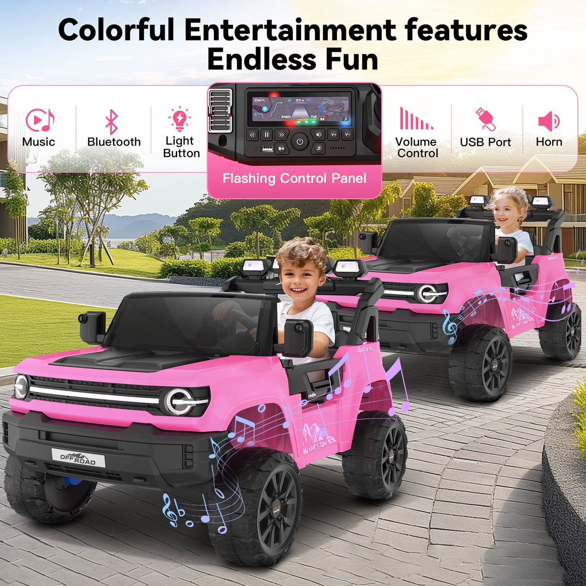 Farmdex 24V Ride on Toys with Remote Control, 2 XL Seater Electric Truck Car for Kids w/ 22'' Large Seat, 4WD/2WD Switchable, Powered Ride on Cars w/ Bluetooth, LED Lights, 3 Speeds, 4 x 200W, Pink