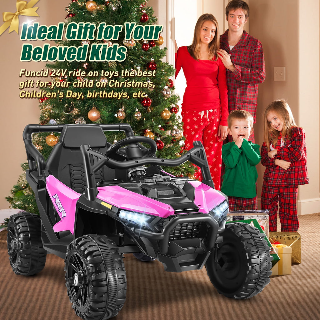 Funcid 24 Volt Ride on Toys with Remote Control & Battery Indicator, 400W Ride on UTV, Electric Car for Kids w/ Bluetooth, Music, LED Lights, Volume Adjustment Knob, 3 Speeds, Pink