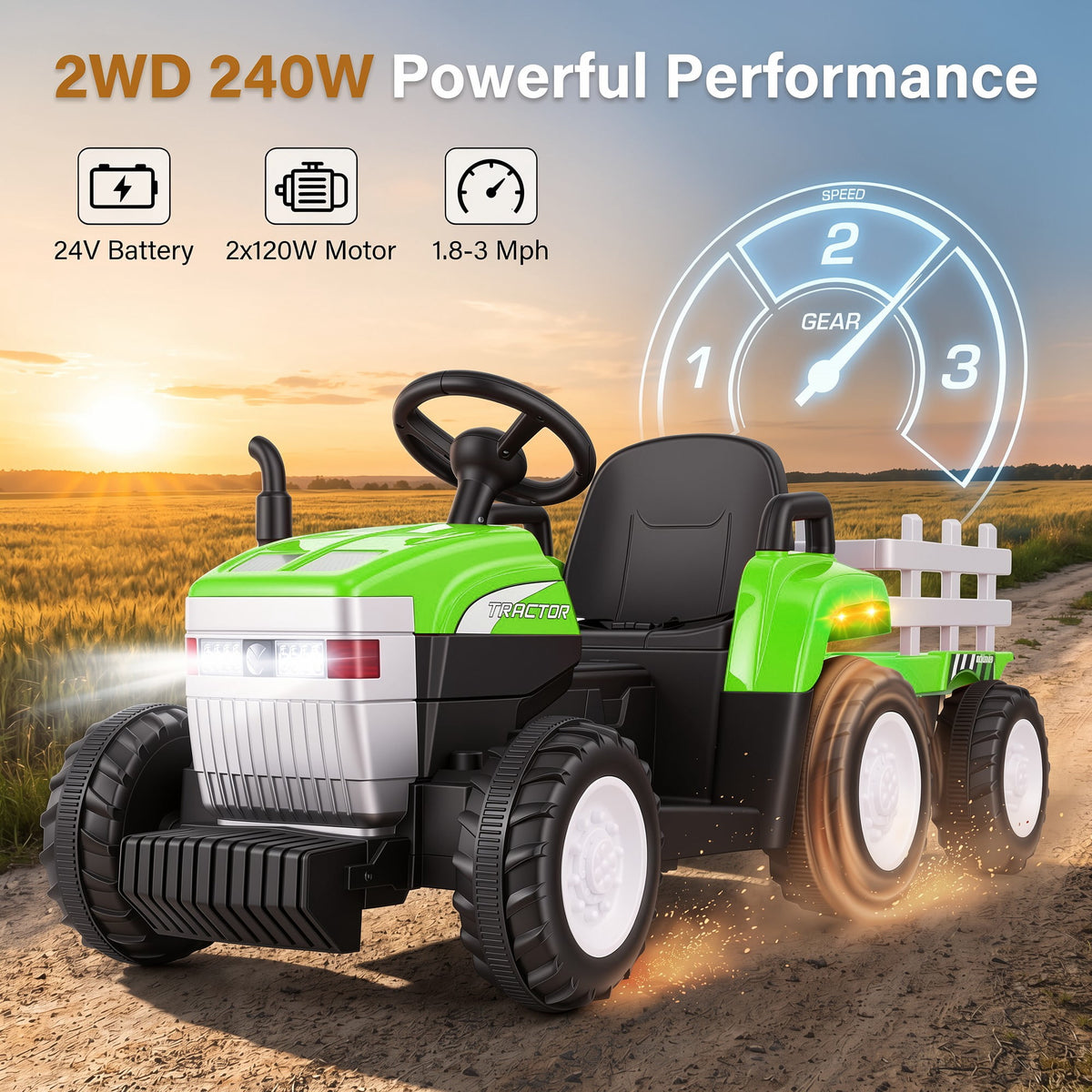 Farmdex 24V Ride on Tractor with Detachable Trailer, Ride on Toys for Kids w/ Remote Control, Electric Cars for Kids, LED Lights, Bluetooth, Music, MP3, Green
