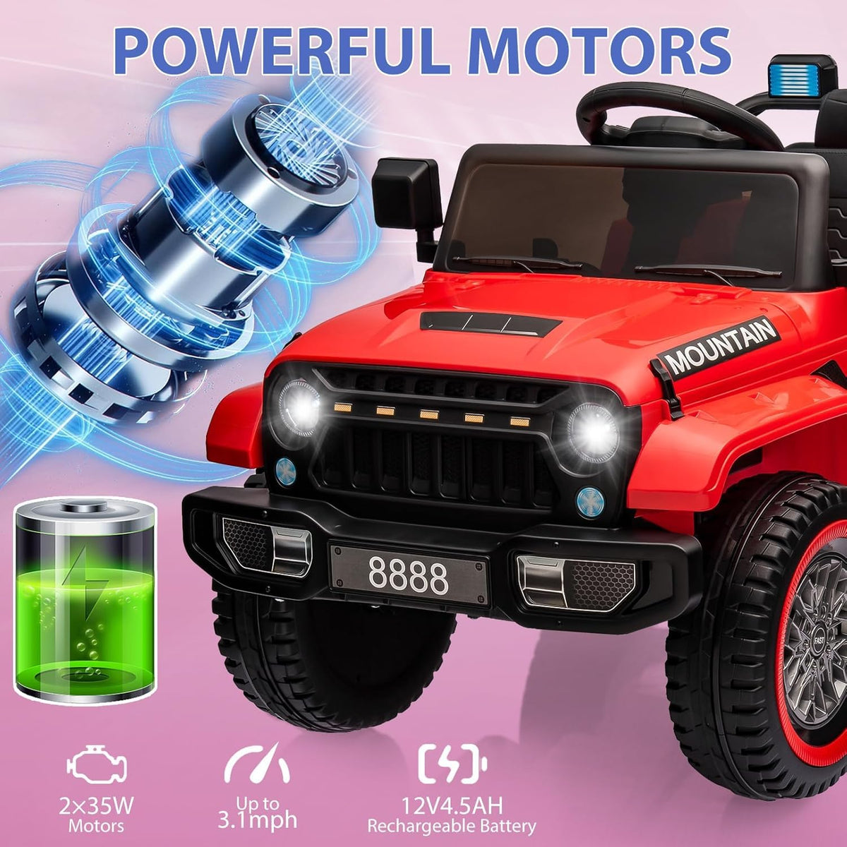 12V Ride-On Electric Car with Parent Remote Control, Dual 35W Motors, 3 Speeds, Spring Suspension, LED Lights, Music, Horn, 66 lbs