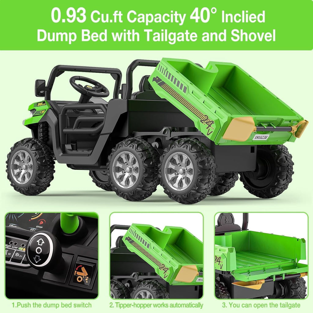 24V 4WD Electric Ride-On Dump Truck for , 2-Seater UTV with Remote Control, Bluetooth Music, Seatbelts, LED Lights, Mobile Phone Connectivity, Double Seat 6 Wheel Truck for Ages 3-8,Green