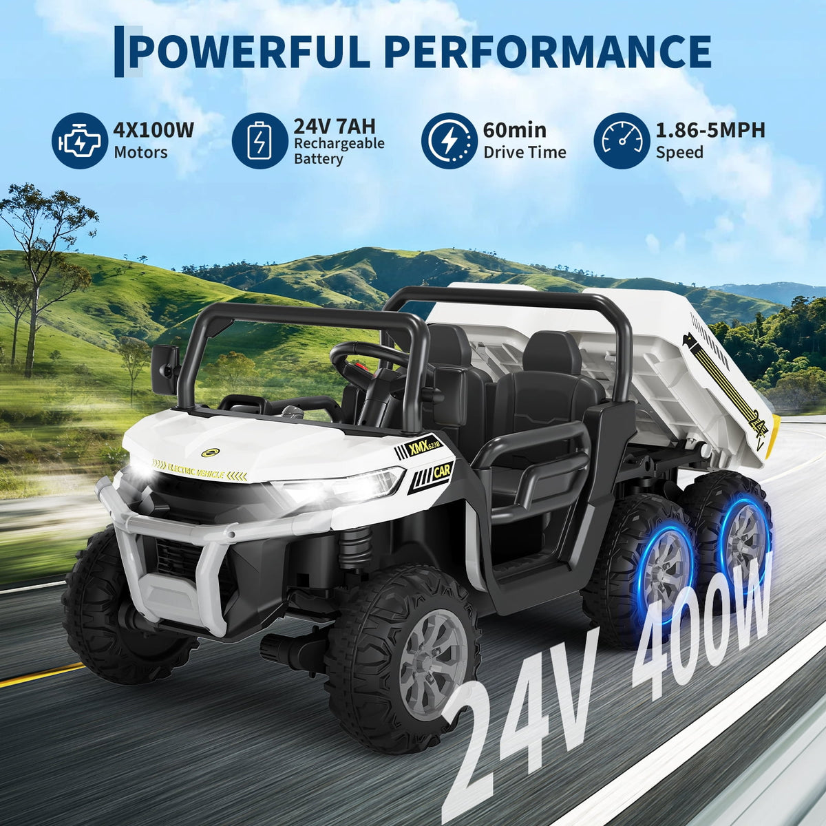24V 2-Seater 6-Wheel Electric Dump Truck Ride-On for Kids – 4WD UTV Car, Remote Control, Electric Dump Bed, Music, Horn, Industry Standard/CPSIA Certified, Power Ride-On Toy for Boys & Girls