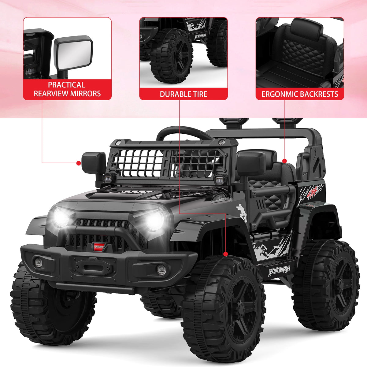 12V Kids Electric Ride-On Truck – Parental Remote Control, Seasonal Suspension, LED Lights, Wireless Connection, 2 Speeds, Standard Test Method Certified, Off-Road Toy Car