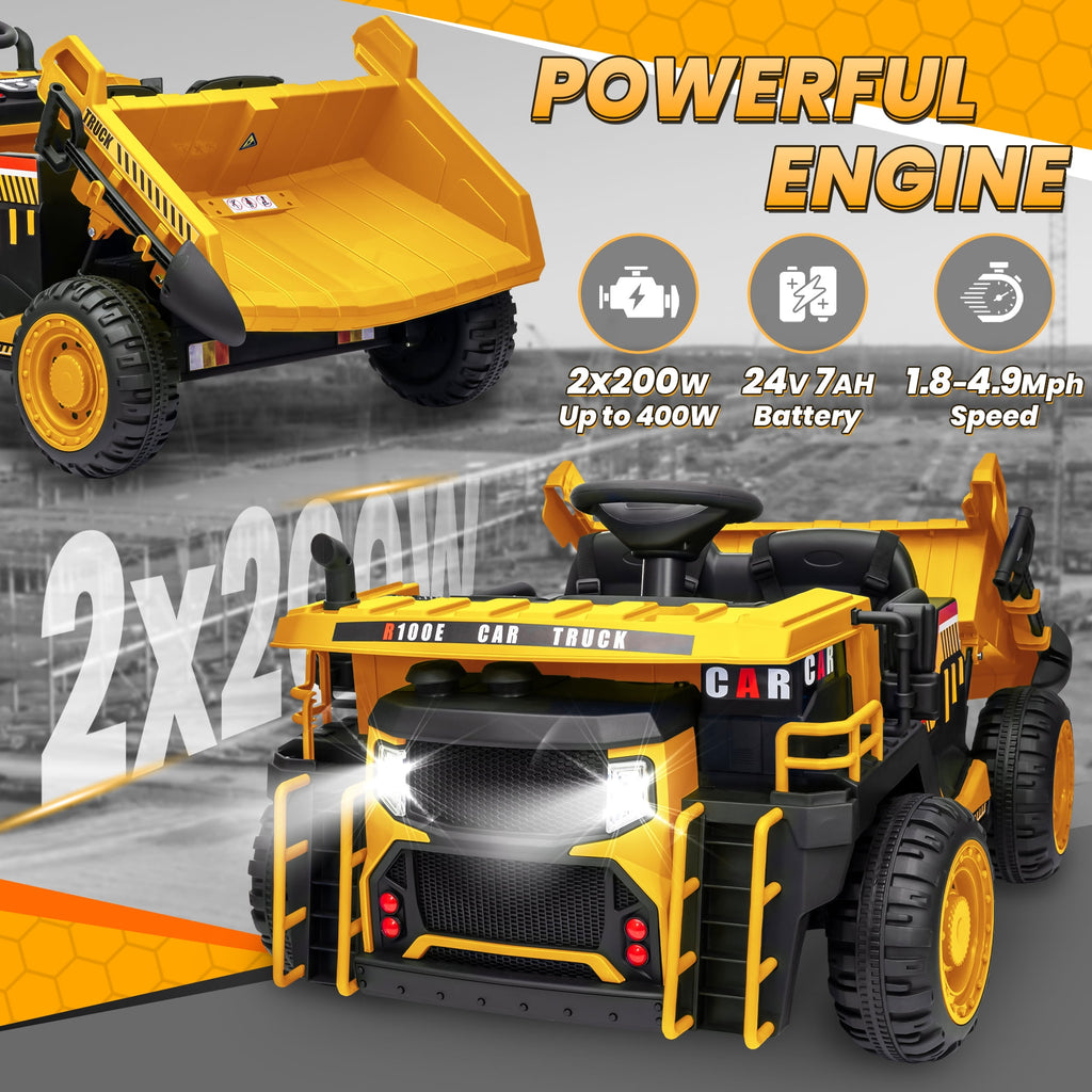 24 Volt Ride on Toys w/ Remote Control, 2*200W Strong Motor, Electric Powered Ride on Dump Truck with Shovel, 3 Speeds, LED Lights, MP3/USB Music, Blue