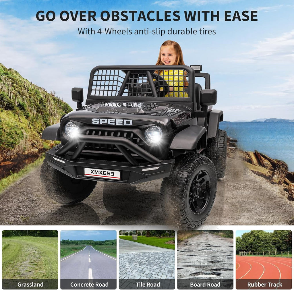 12V Ride-On Electric Car with Remote Control, Extra-Wide 13" Seat, 3 Speeds, 1.6-4.1 MPH, LED Lights, Music, USB, Safety Belt