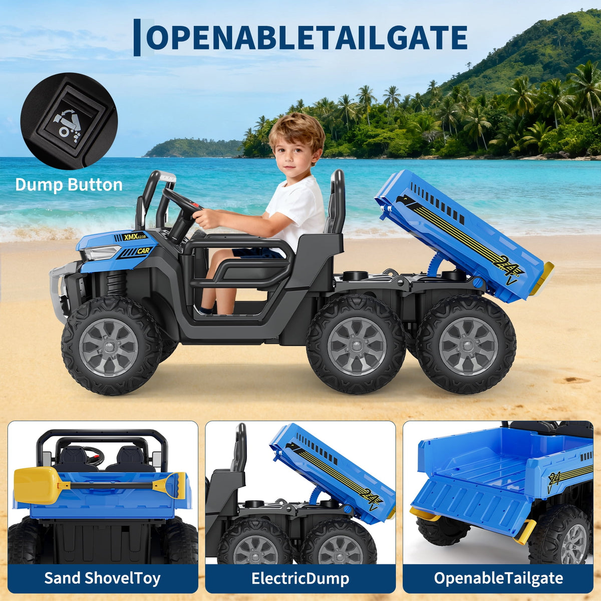 24V 2-Seater 6-Wheel Electric Dump Truck Ride-On for Kids – 4WD UTV Car, Remote Control, Electric Dump Bed, Music, Horn, Industry Standard/CPSIA Certified, Power Ride-On Toy for Boys & Girls