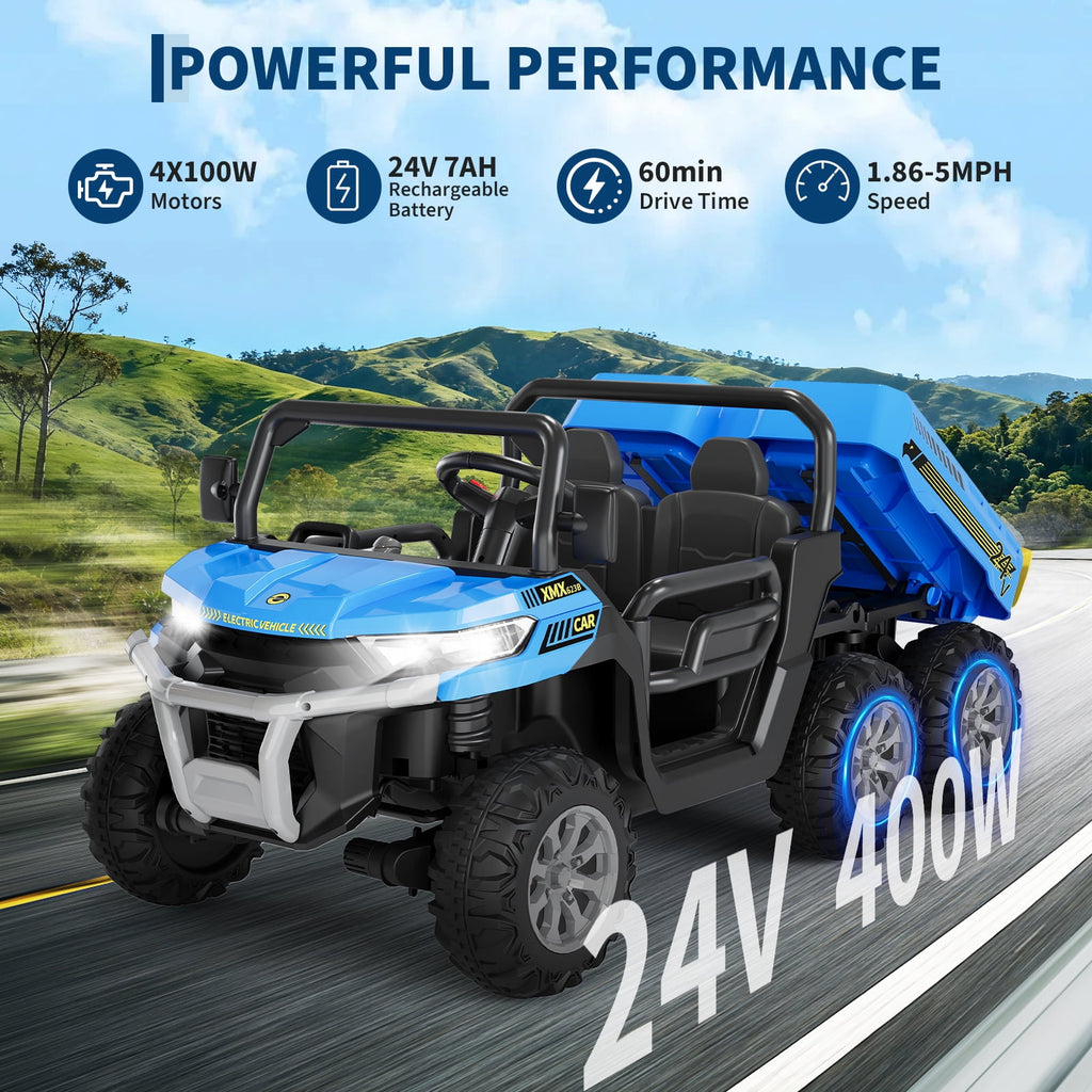 24V 2-Seater 6-Wheel Electric Dump Truck Ride-On for Kids – 4WD UTV Car, Remote Control, Electric Dump Bed, Music, Horn, Industry Standard/CPSIA Certified, Power Ride-On Toy for Boys & Girls