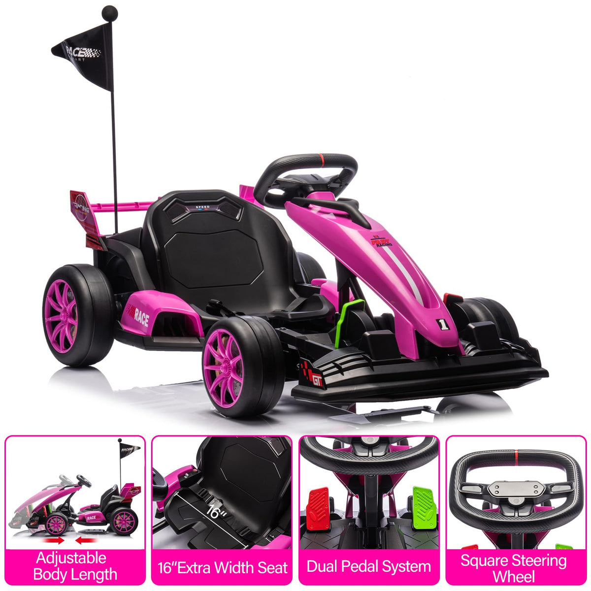 24V Kids Ride-On Go Kart, 7.5MPH High-Speed Drifting Car, Dual 200W Motors, 7Ah Battery, Adjustable Length, Max Load 135lbs, Power Display Racing Toy for Children 6+, Green