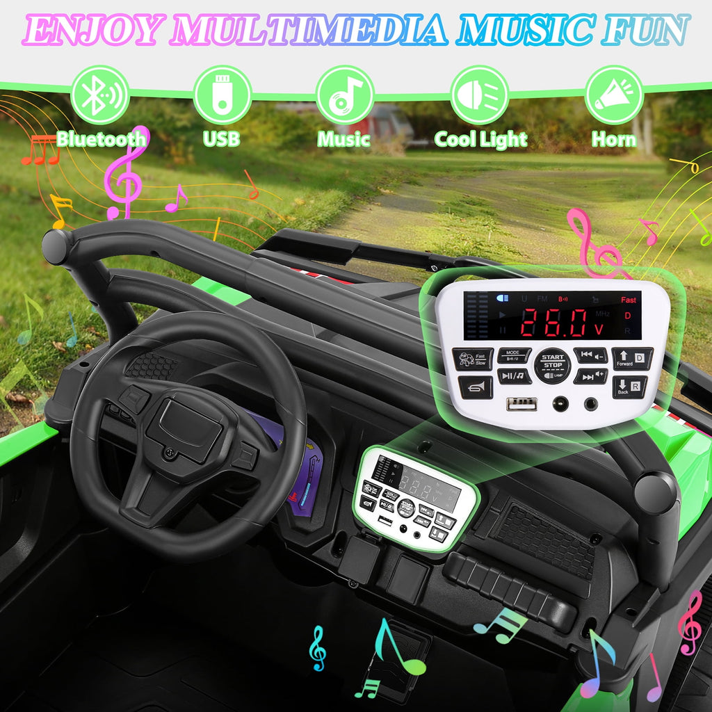 Funcid 24 Volt Ride on Toys, 2-Seater Ride on Cars with Remote Control, 400W Electric Car for Kids, Ride on UTV w/ Bluetooth, MP3, Seat Belts, Volume Adjustment, Suspension, Green
