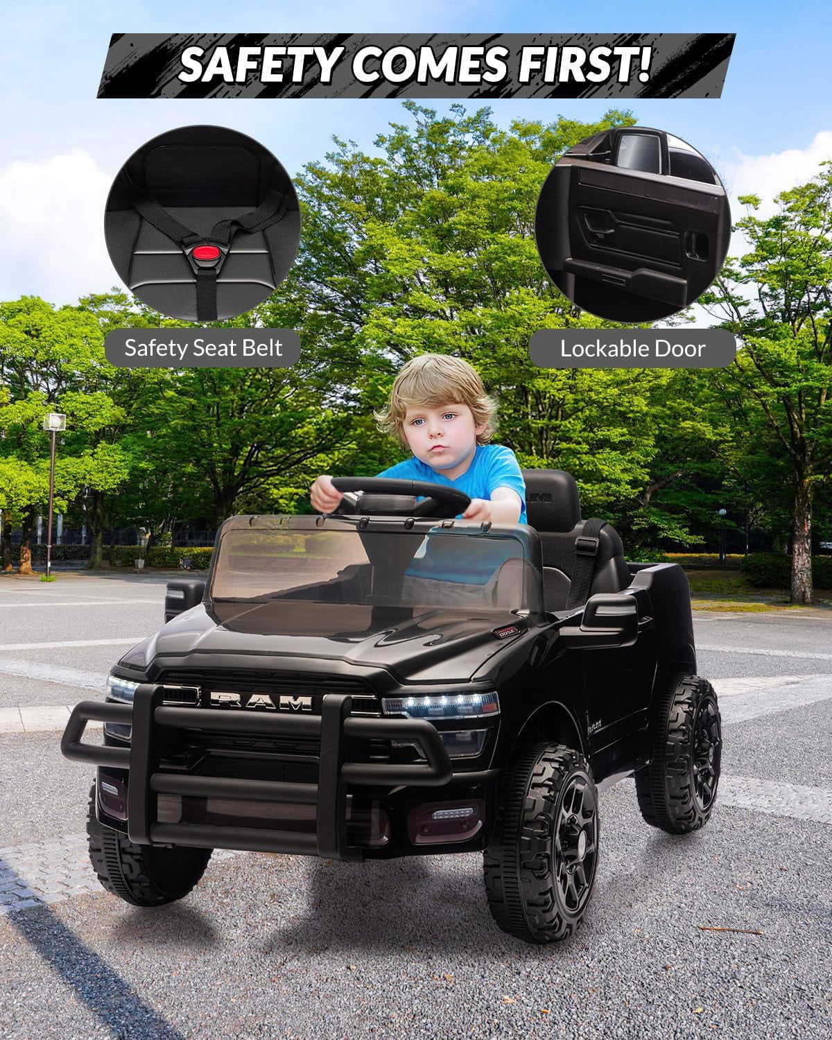 12V Licensed RAM Ride-On Pickup Truck, Electric Ride-On Car with Remote Control, 4-Wheel Suspension, Double Doors, LED Lights, Music, USB & AUX
