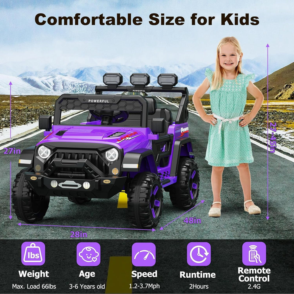 12V Ride-On Truck Car, 7Ah Battery, Parent Remote Control, 3 Speeds Up to 3.7 MPH, Soft Start, LED Lights, Bluetooth, USB, AUX, MP3, 66 Lbs