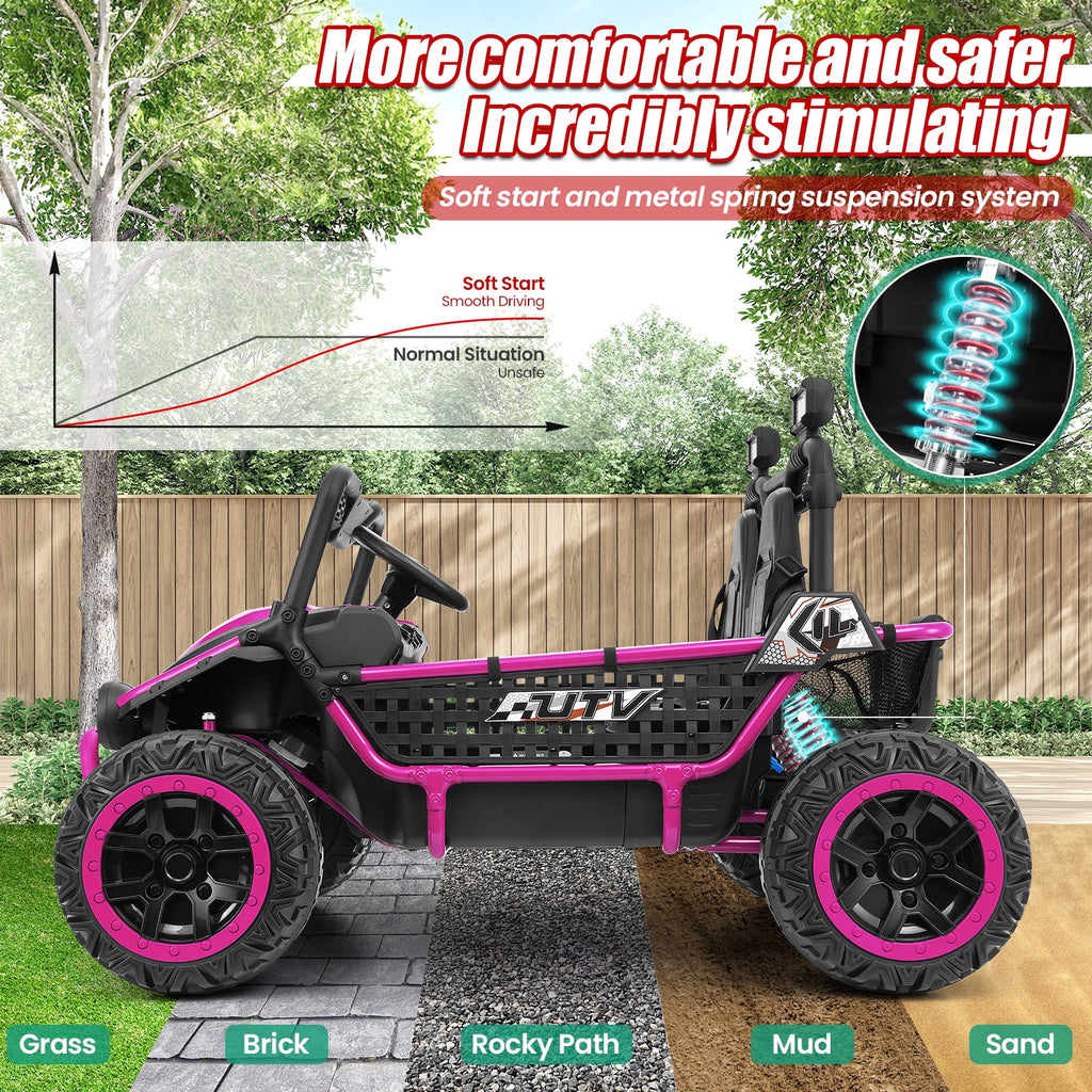 VIBESPARK XXL 24V Ride on Toys for Big Kids Ages 3-8, Key Start Metal Frame UTV with Power Display, 7AH Ride on Cars w/ 150W Motors, Bluetooth, Volume Knob, Safety Belt, Max 5mph, Pink