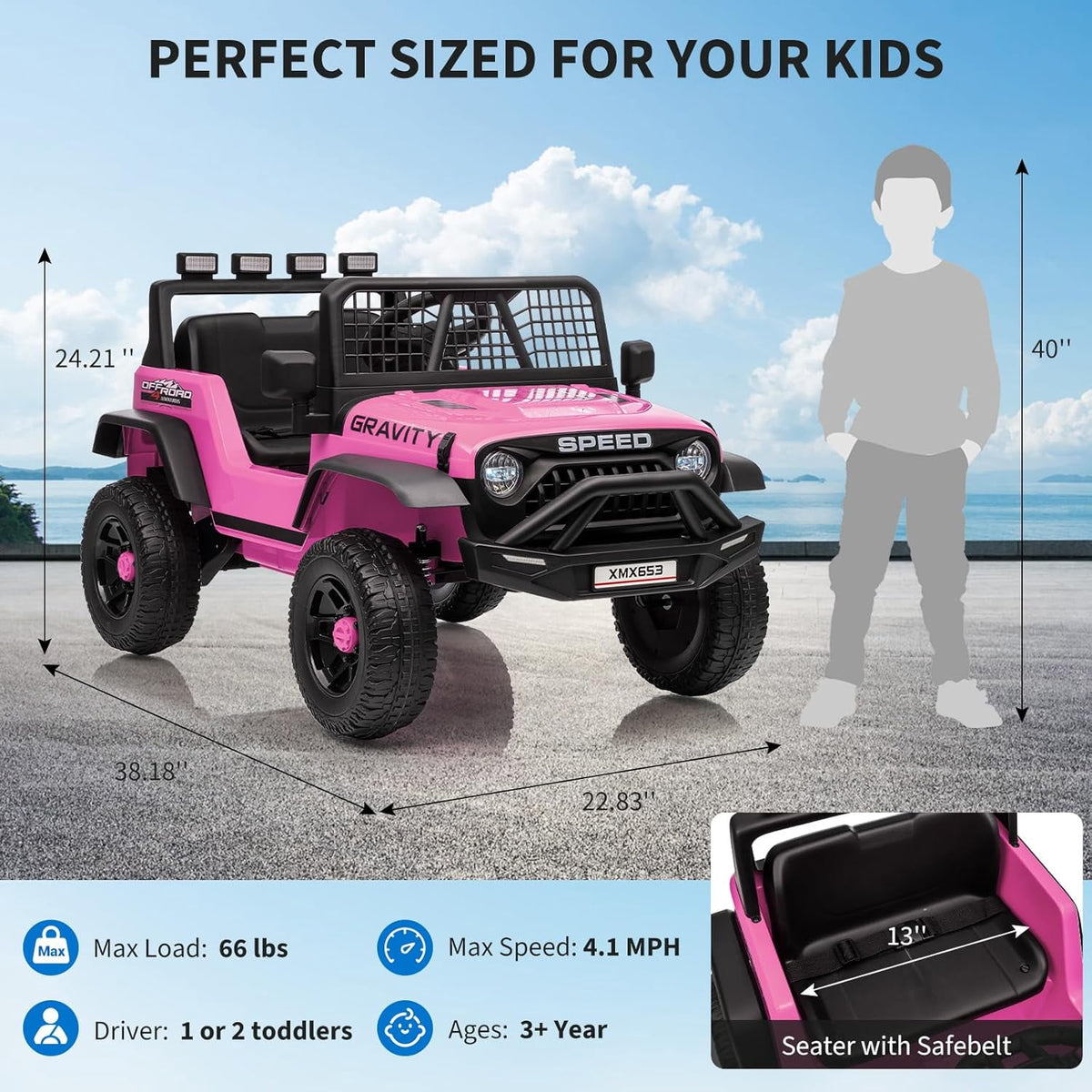 12V Ride-On Electric Car with Remote Control, Extra-Wide 13" Seat, 3 Speeds, 1.6-4.1 MPH, LED Lights, Music, USB, Safety Belt