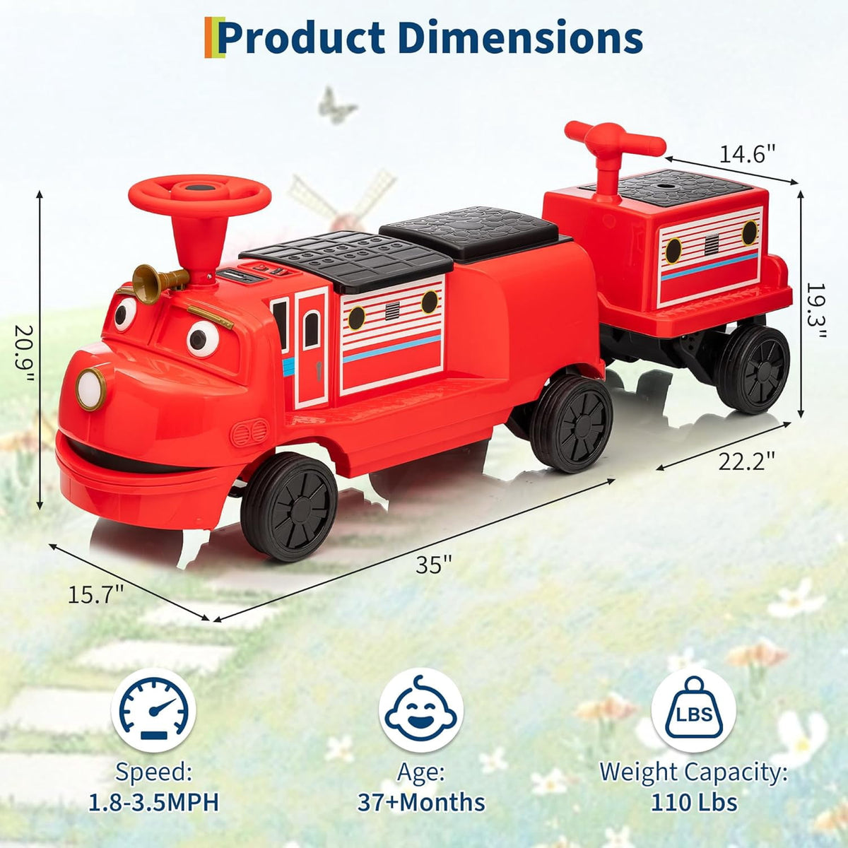 2 Seater Trackless Ride On Train, 12V Electric Ride On Car with Adjustable Seat, Carriage Included, Music, LED Lights, Storage Space, 2 Speed Modes