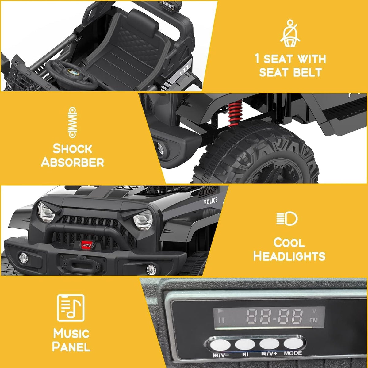 12V Electric Ride-On Car, Remote Control, 2 Speeds, Suspension, LED Lights, Music, Seatbelt, for Ages 3-8,Black